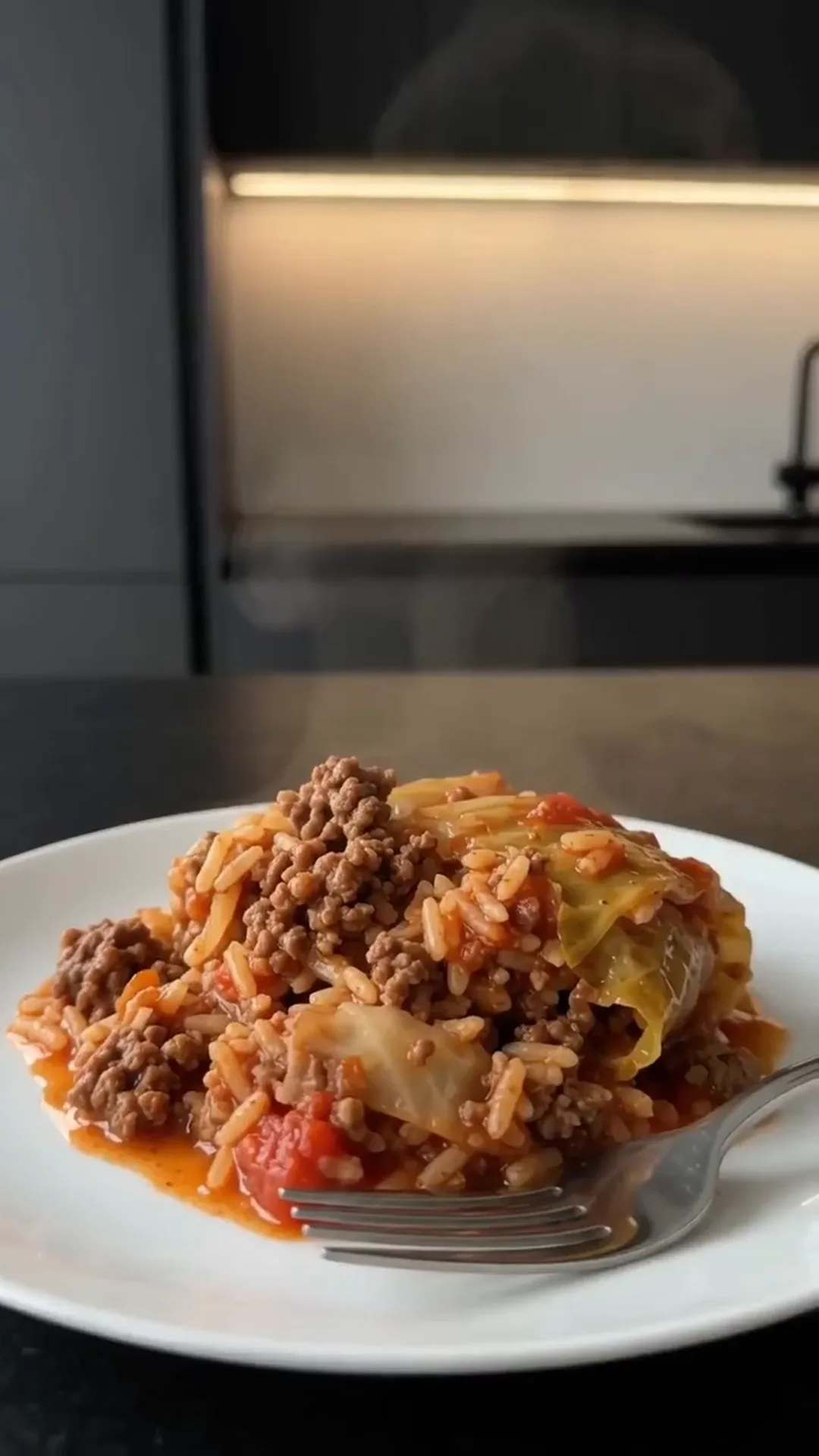 Easy slow cooker Cabbage Roll Casserole with Ground Beef – A person is cooking a meal in a kitchen