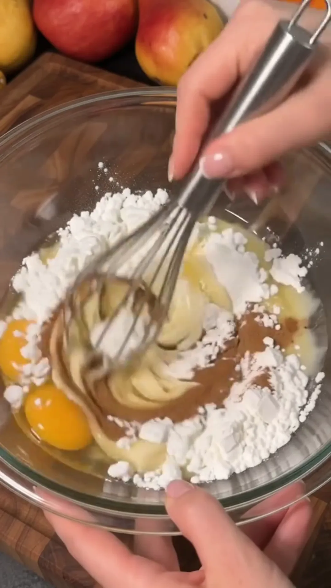 Elegant Apple Phyllo Pie with Cream Cheese Filling – Whisking ingredients in a bowl