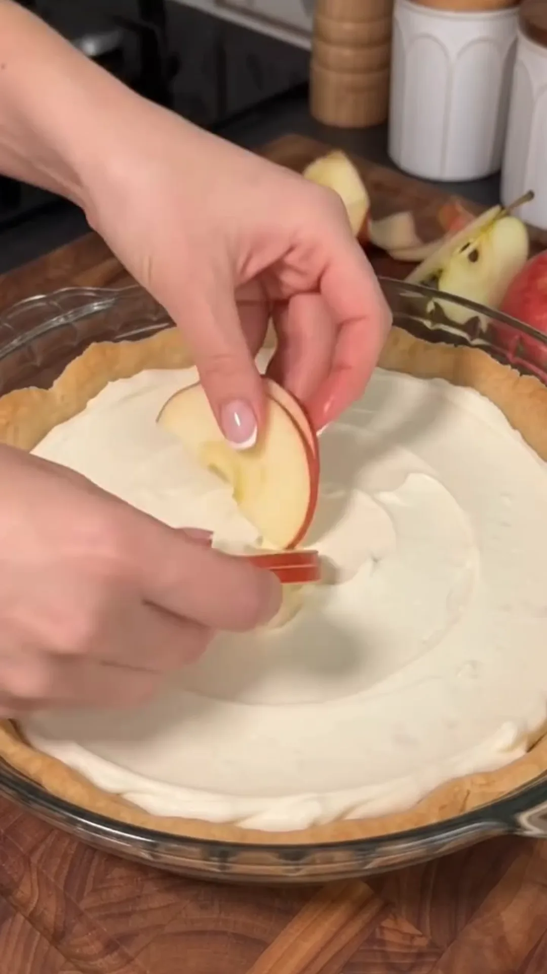 Elegant Apple Phyllo Pie with Cream Cheese Filling – placing apple slices on a pie crust