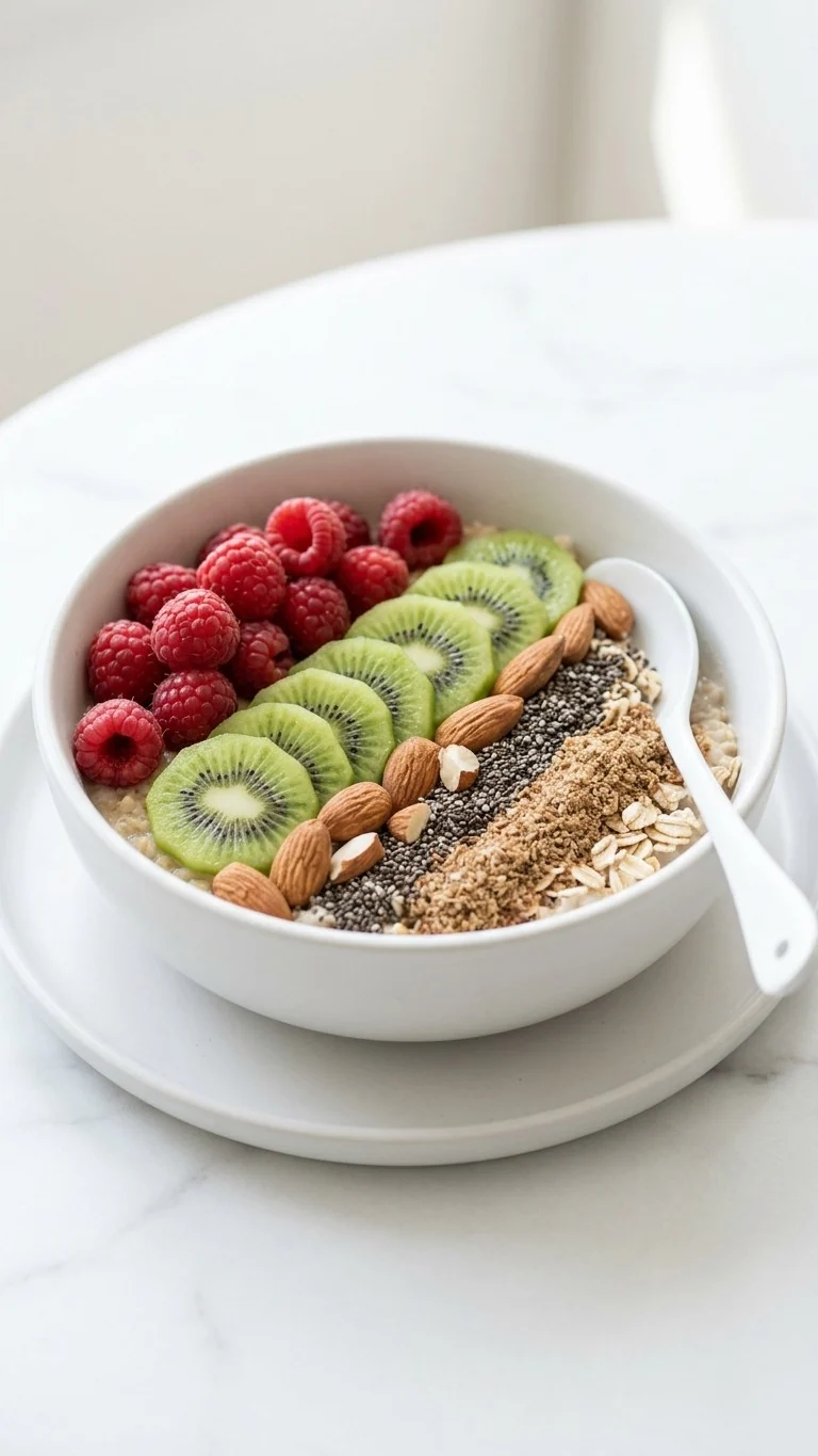 Close-up of multicolore fibermaxxing breakfast recipe featuring oats and berries.