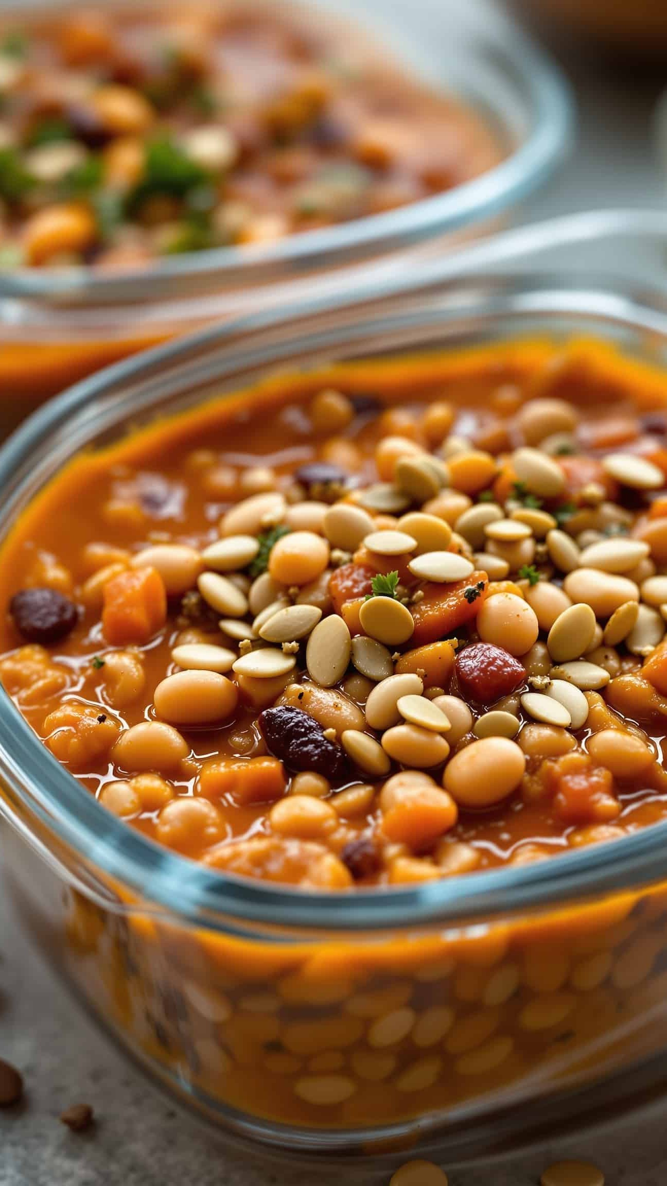 Close-up of vert-orange Fibermaxxing Meal Prep showing beans, lentils, seeds.