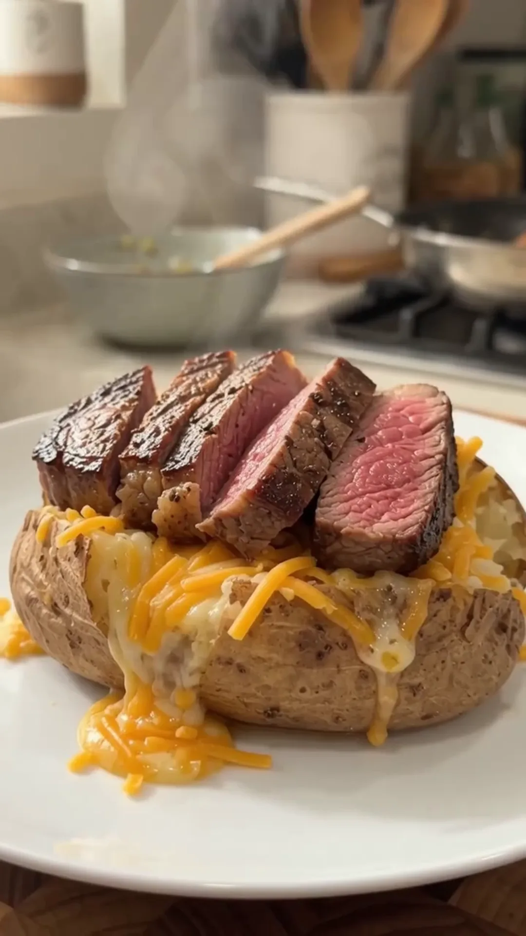 Garlic Butter Loaded Steak Baked Potatoes – Sliced steak on top of a baked potato with cheese