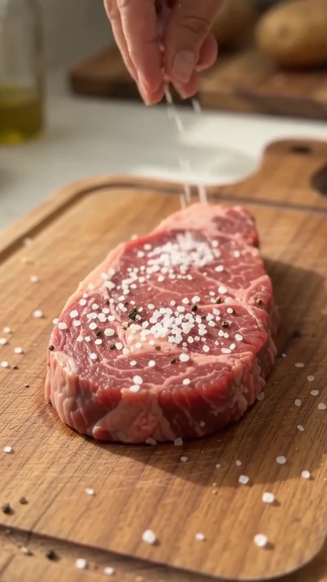 Garlic Butter Loaded Steak Baked Potatoes – seasoning a raw steak with salt and pepper