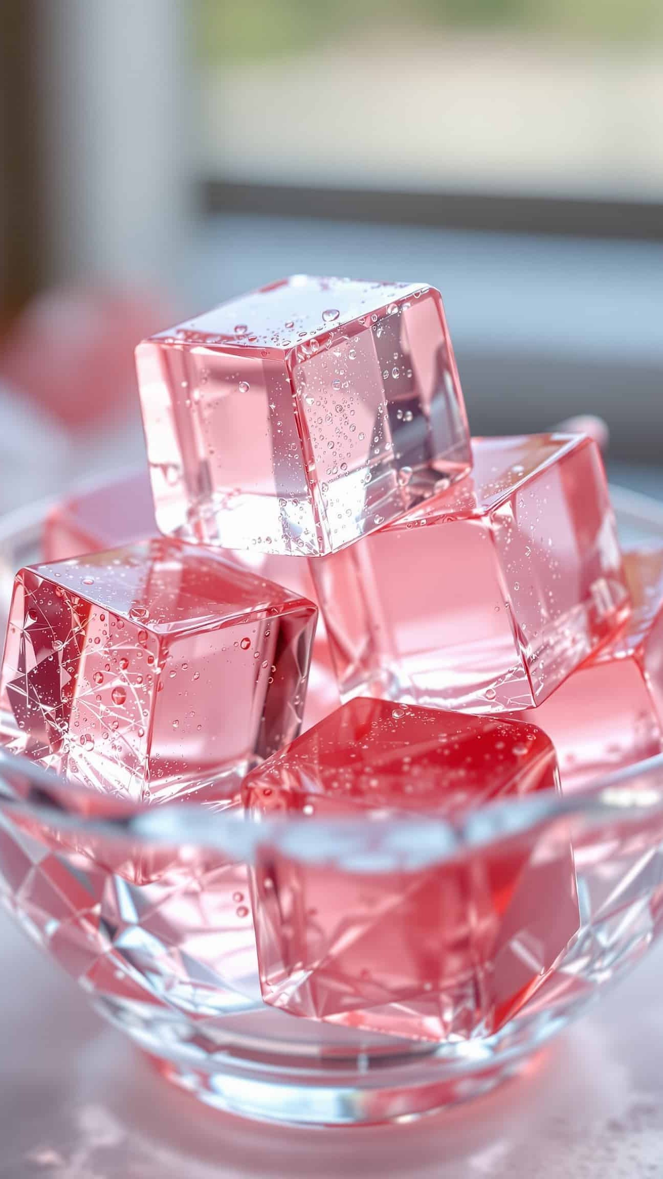 Close-up of rose-transparent gelatin cubes for appetite control.