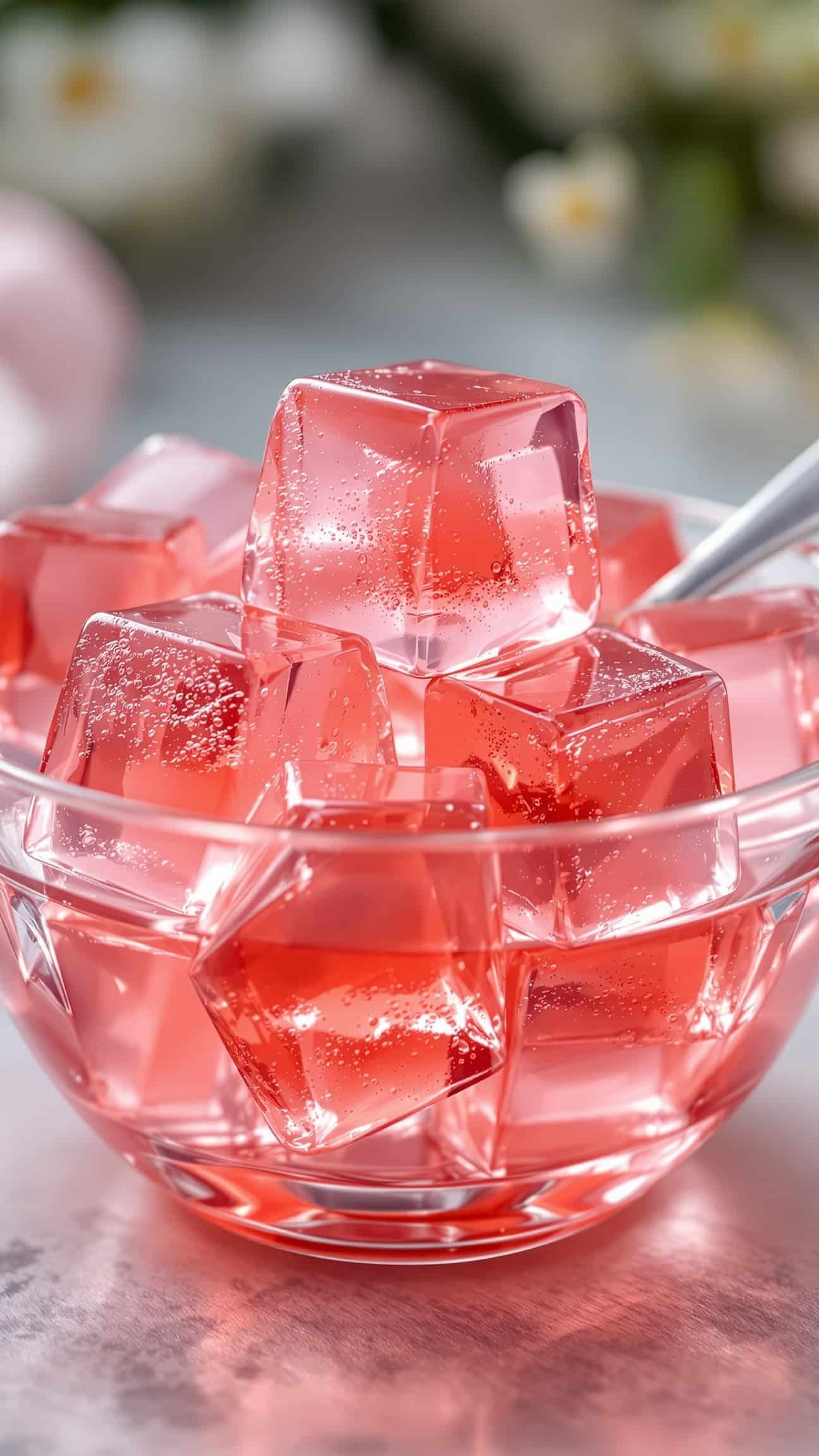 Close-up of rose-transparent firm gelatin appetite suppressant cubes.