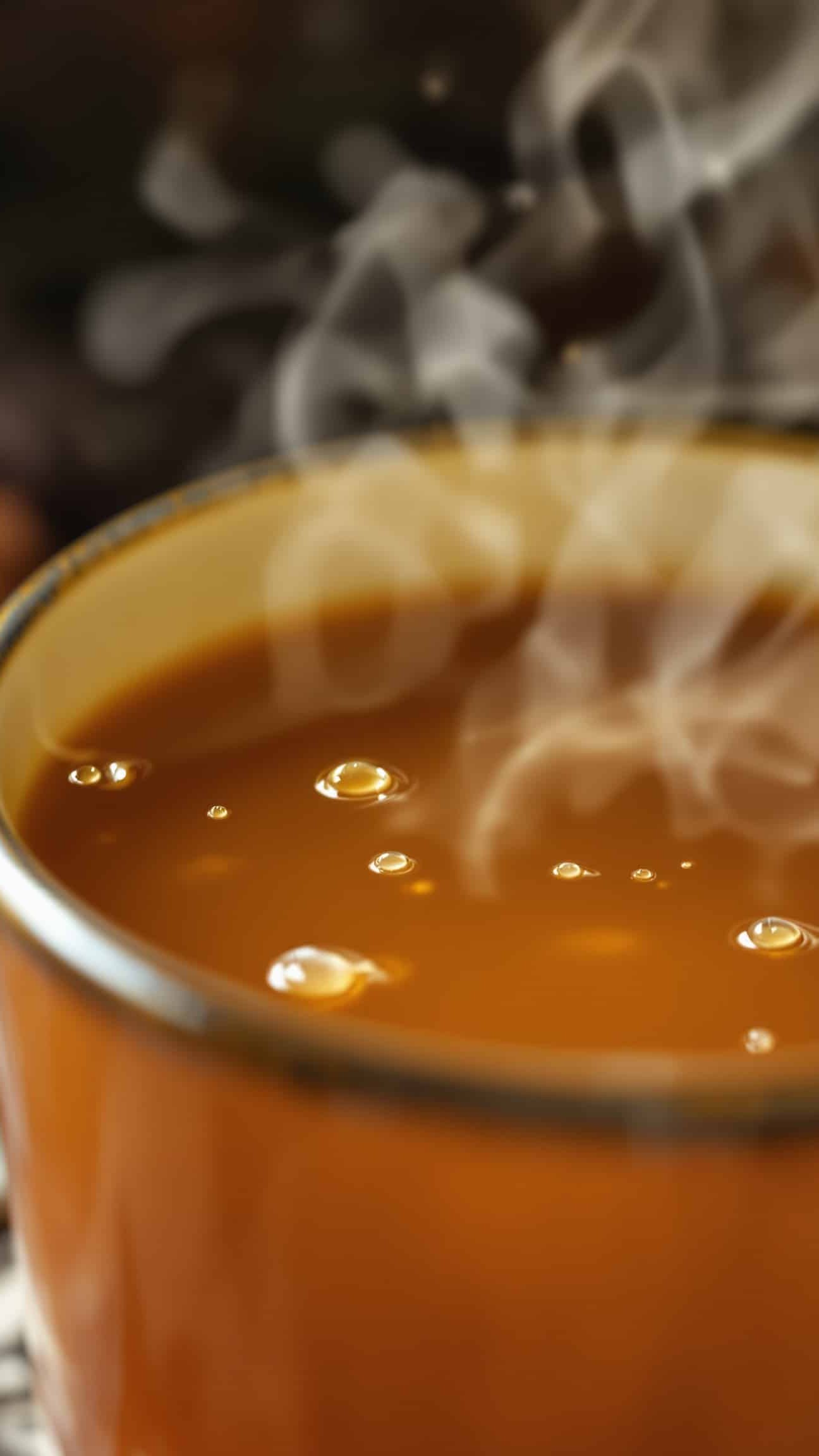 Close-up of ambre-doré gelatin bone broth, showing its rich color and steam.