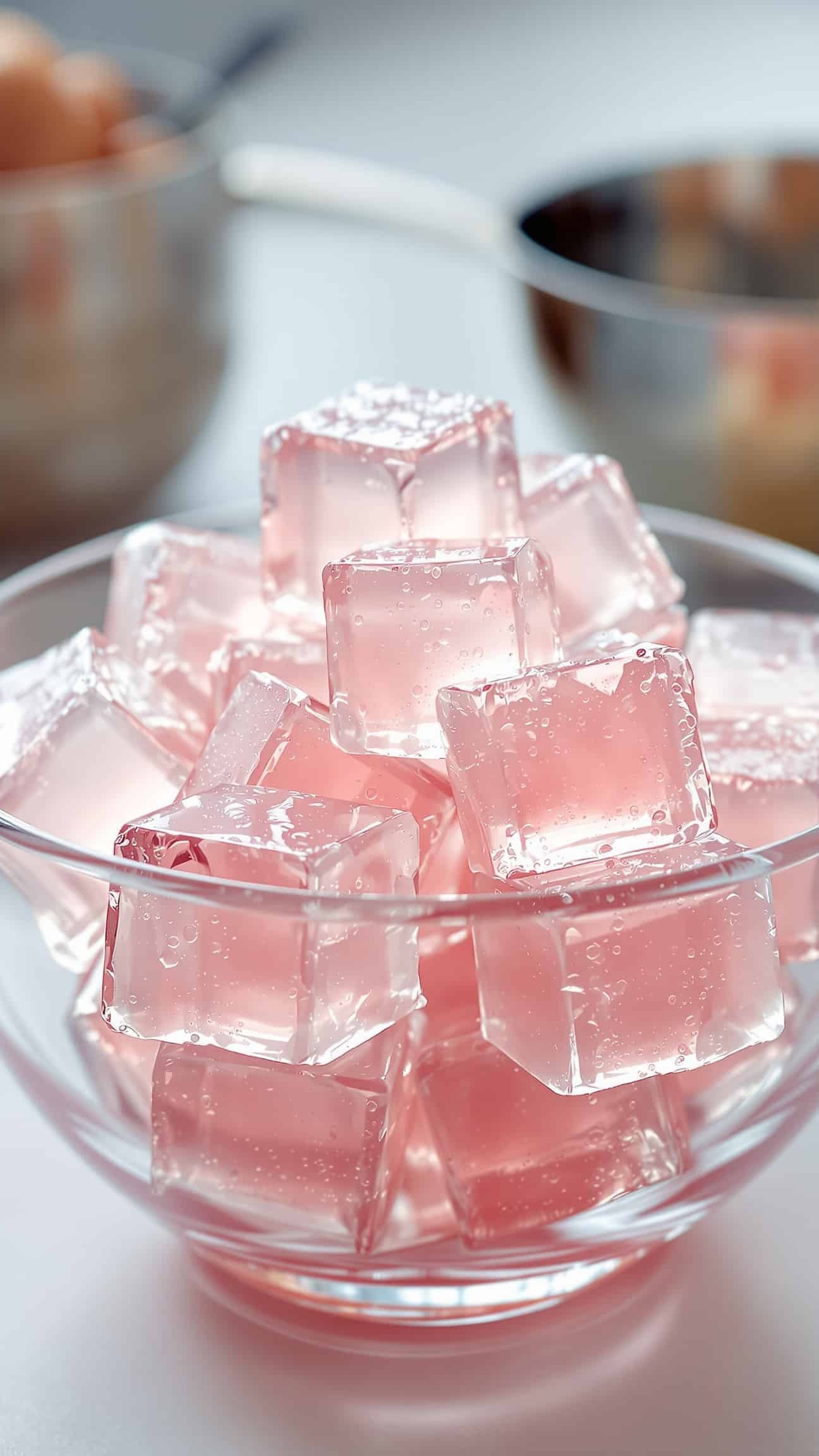 Close-up of firm rose-transparent gelatin cubes for appetite suppression.