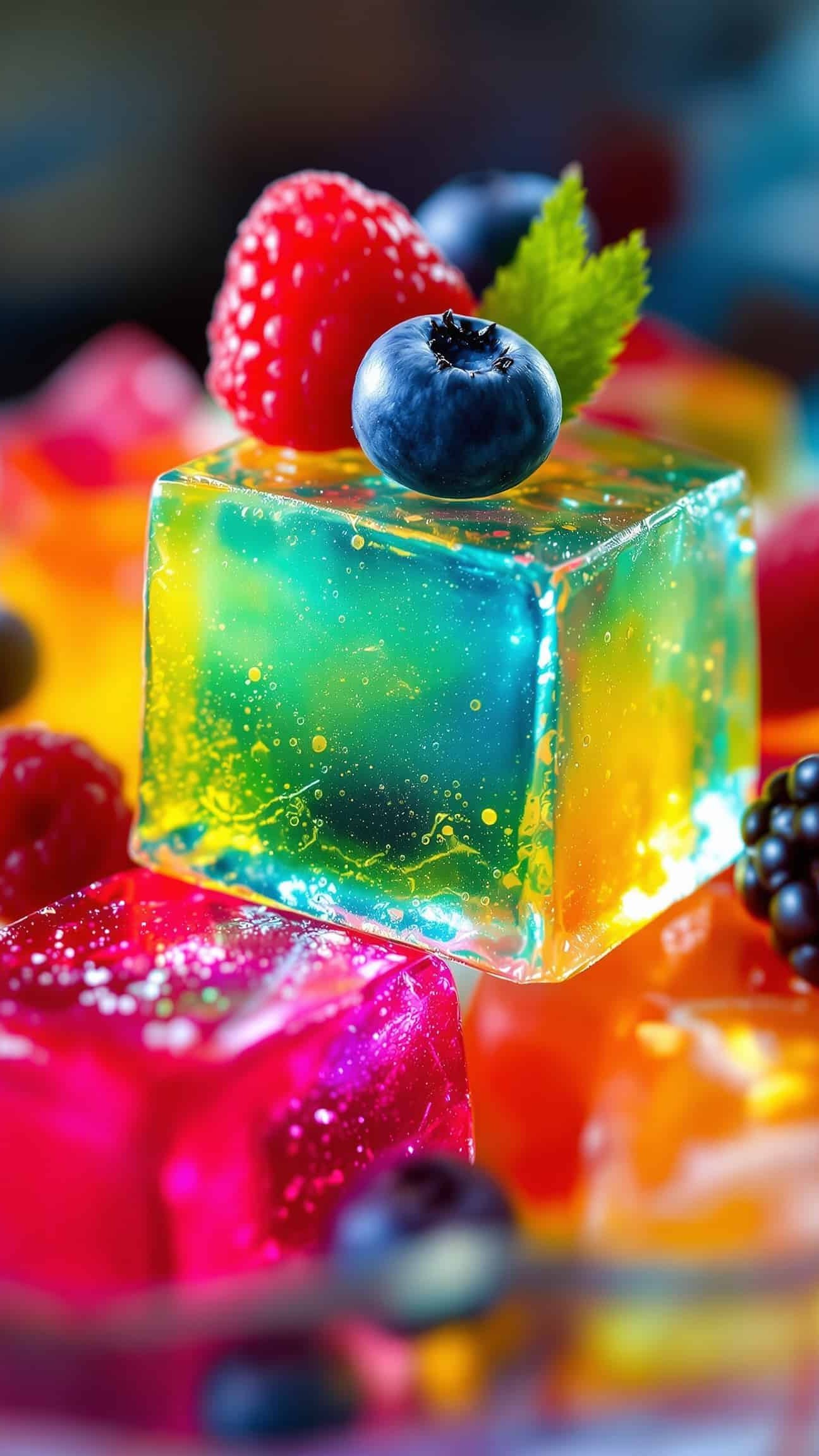 Close-up of jiggly multicolore gelatin cubes with berry garnish for weight loss.