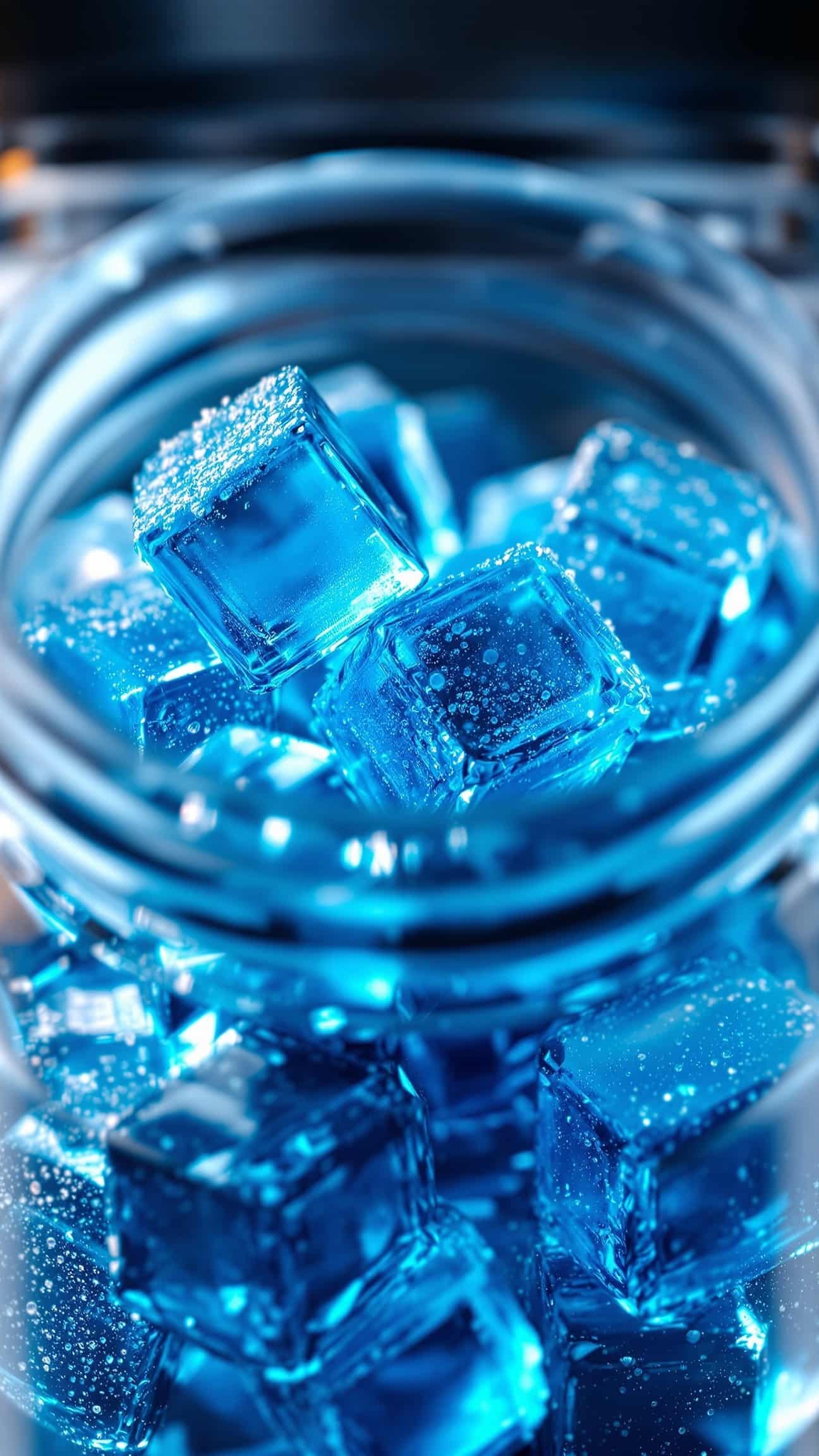 Close-up of jiggly bleu-transparent gelatin electrolyte cubes.
