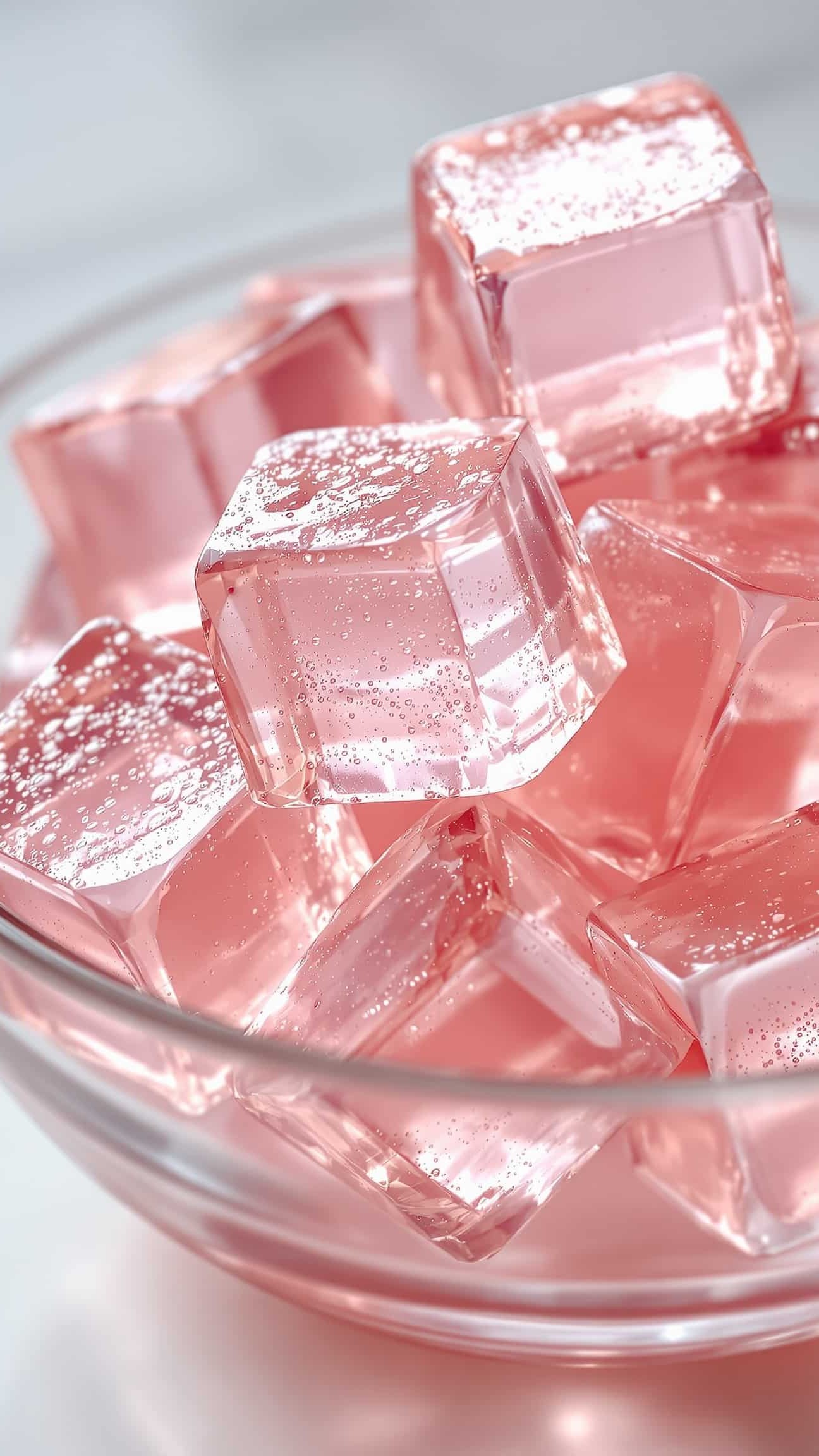 Close-up of jiggly rose-transparent gelatin cubes, emphasizing the gelatin hunger control recipe.
