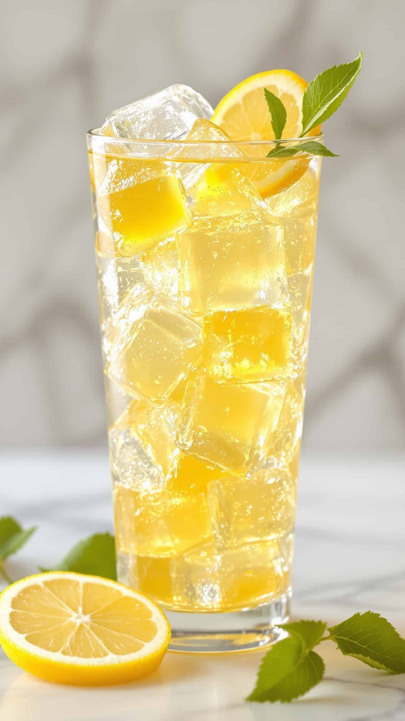 Close-up of jiggly jaune-transparent gelatin lemon water cubes with ice and lemon.