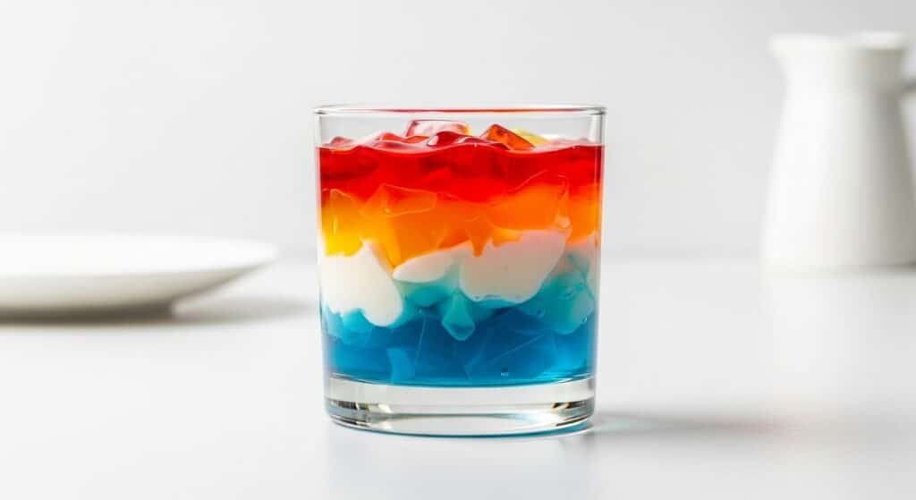 Patriotic Layered Jello Cups in a clear glass with red, orange, white, and blue gelatin layers
