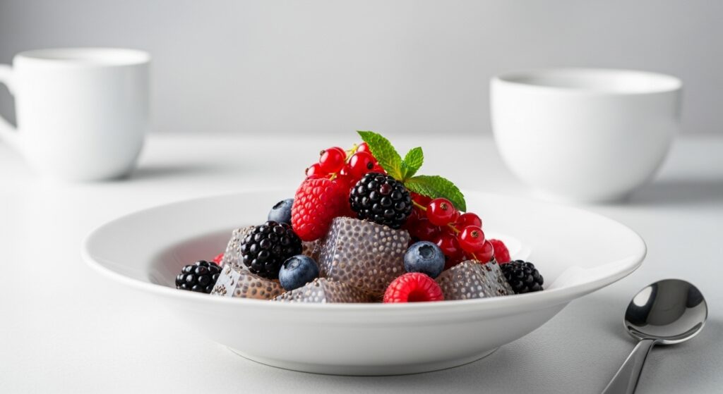 Chocolate Chia Pudding Cubes with Berries in a white bowl with mixed fresh berries on top
