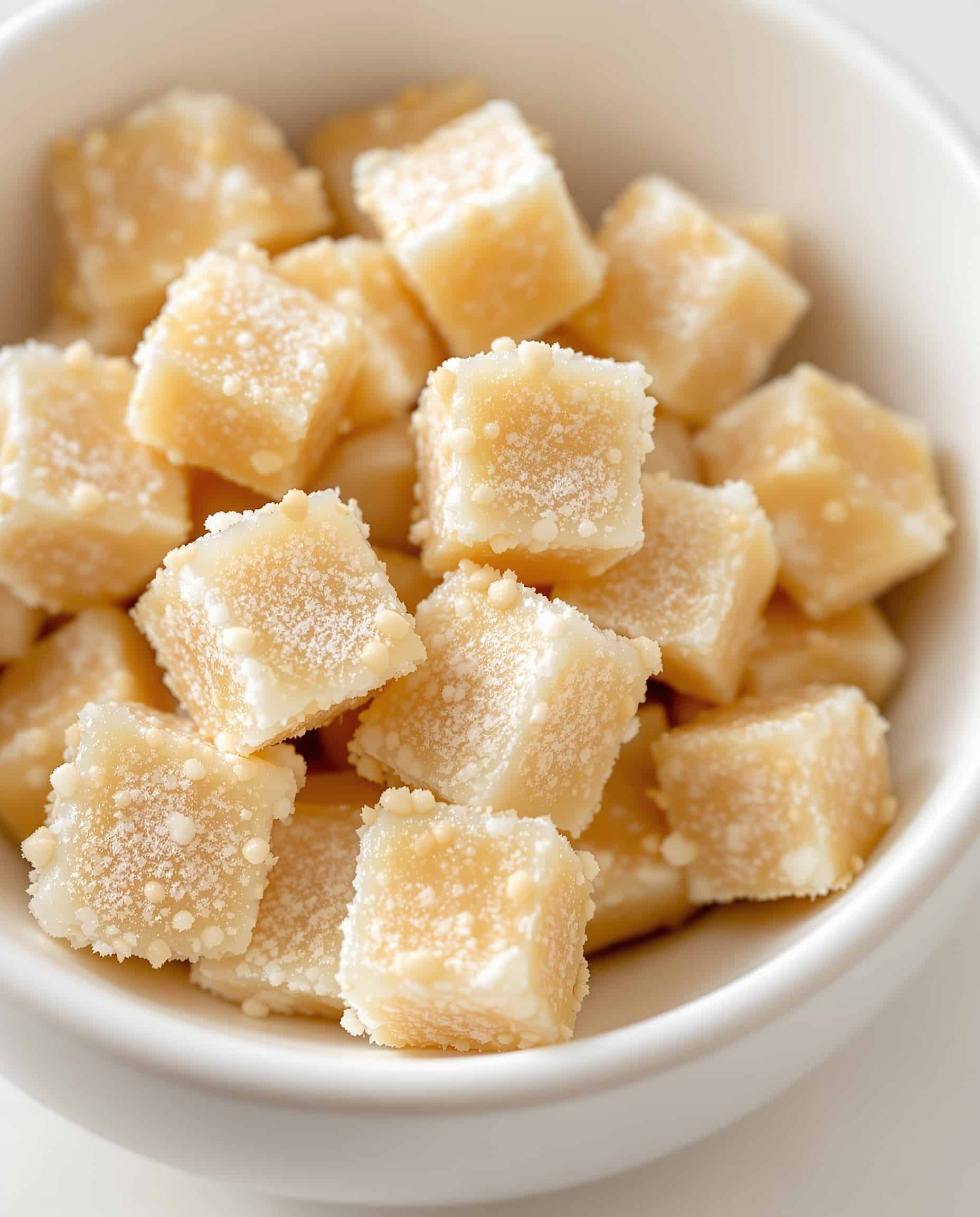 Close-up of ivory cubes of gelatin and psyllium husk, a weight loss trick.