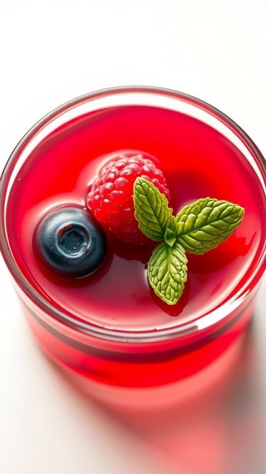 Close-up of a single serving of berry gelatin.