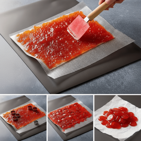 Overview Gelatin Sequins Recipe Serving Information Creative Jello Desserts showing gelatin mixture spread thin, cut into shapes, and dried on a silicone mat