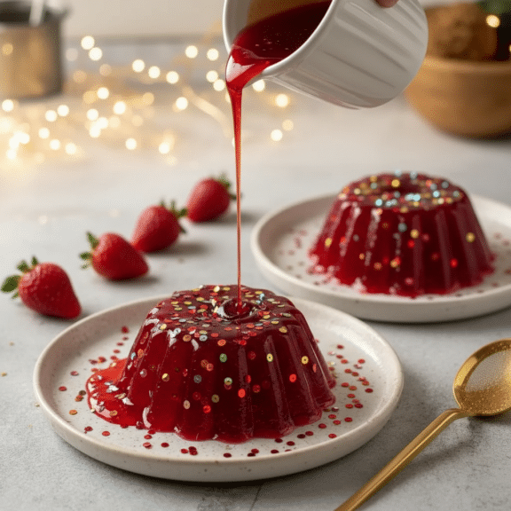 Gelatin Sequins Recipe Presenting Final Creative Jello Desserts showing red cranberry gelatin sauce poured over a molded jello dessert on a plate