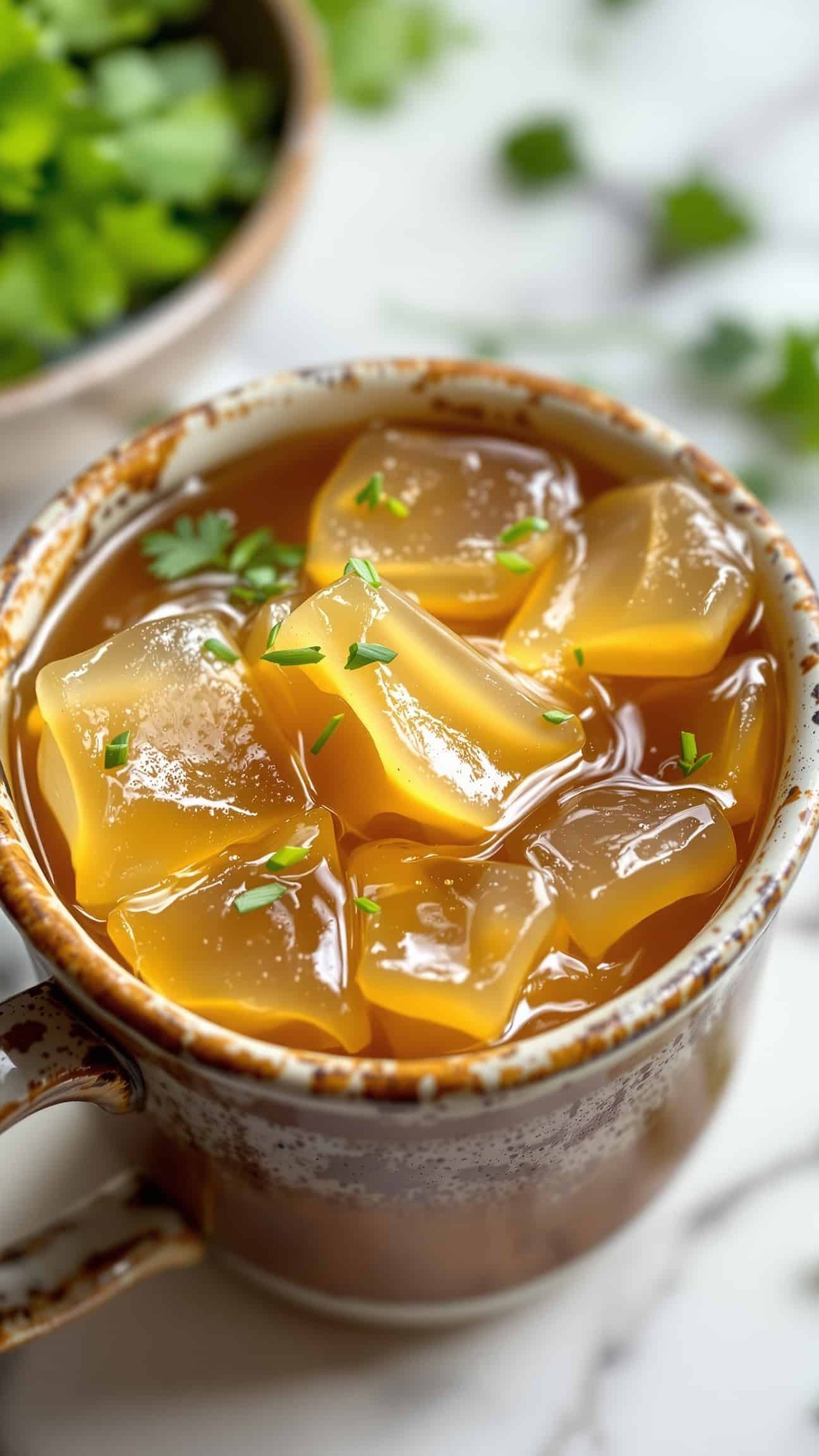 Close-up of jiggly ambre-doré bone broth gelatin with herbs.