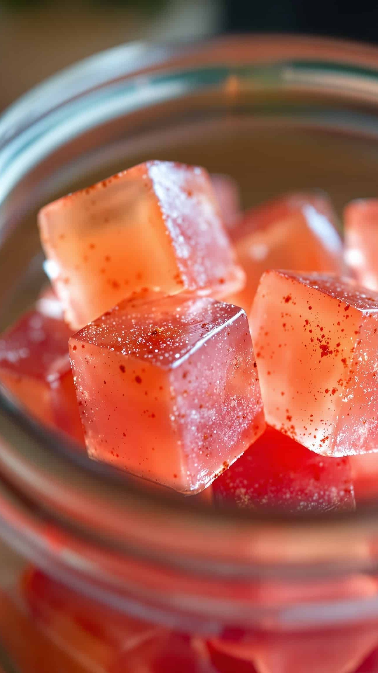 Close-up of orange-rose cayenne gelatin cubes for weight loss.