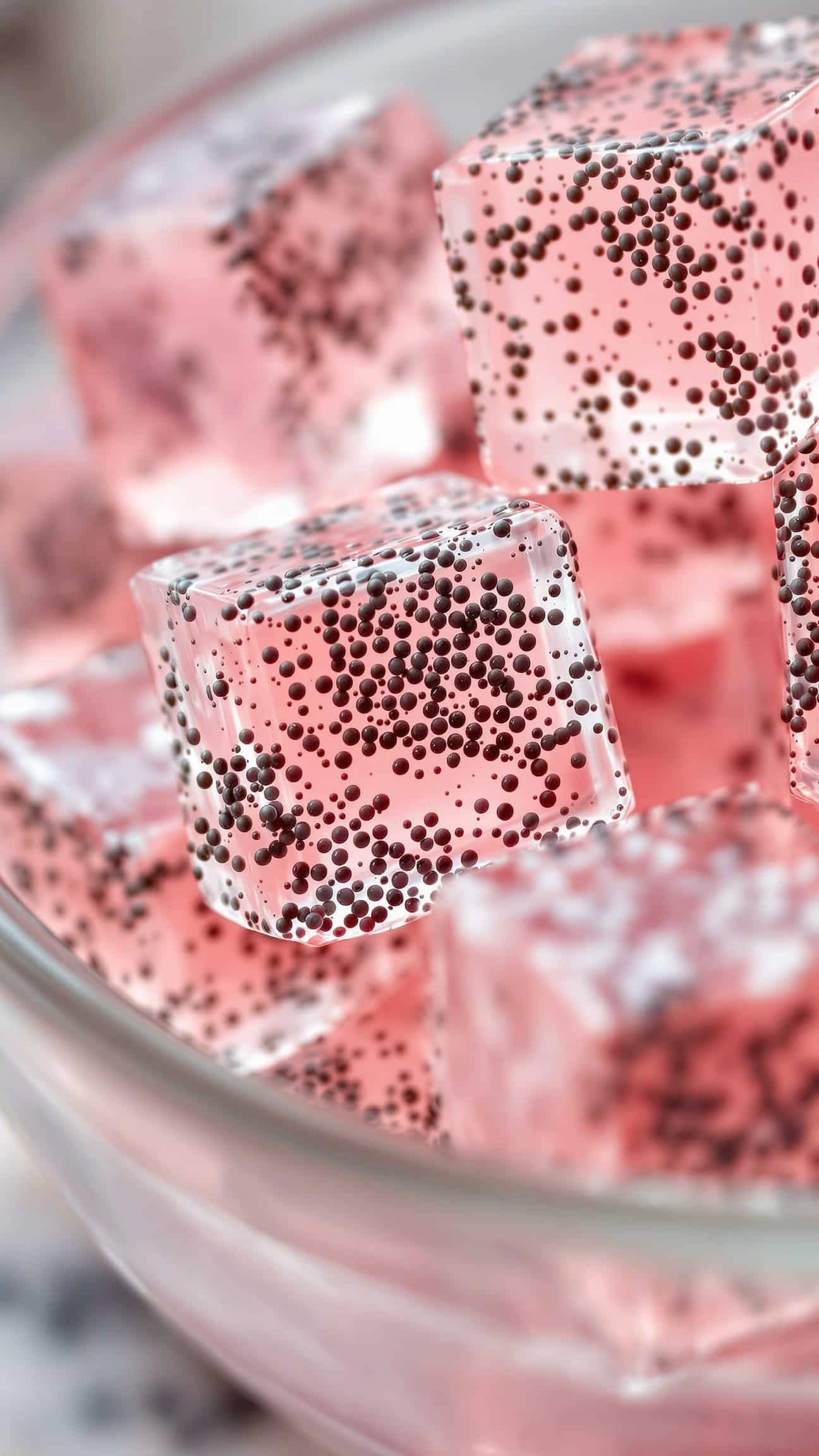 Close-up of rose-vert gelatin trick with chia seeds cubes.