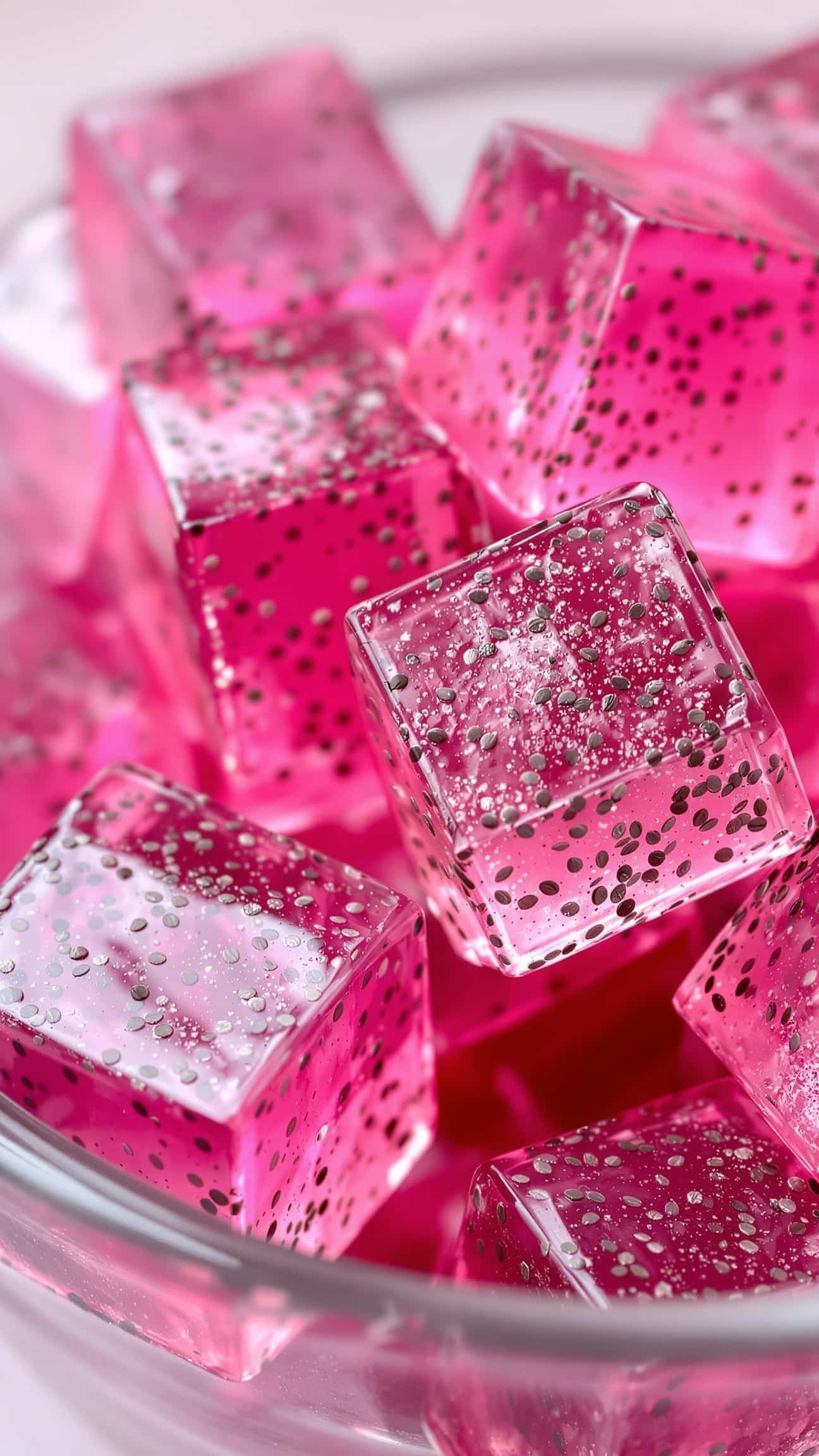 Close-up of jiggly rose-vert gelatin trick with chia seeds.
