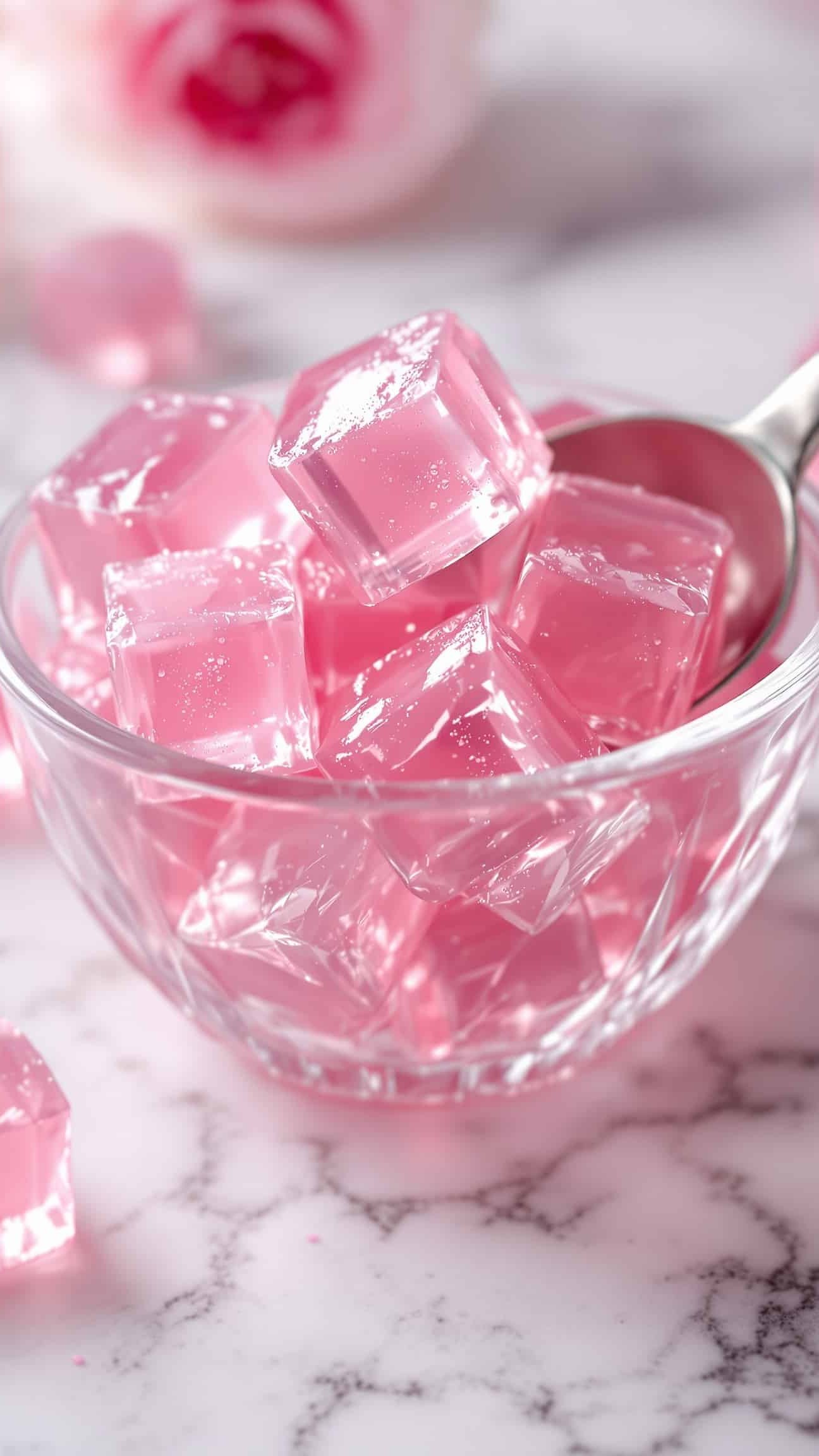 Close-up of rose-nacré gelatin cubes, high-protein collagen snack.