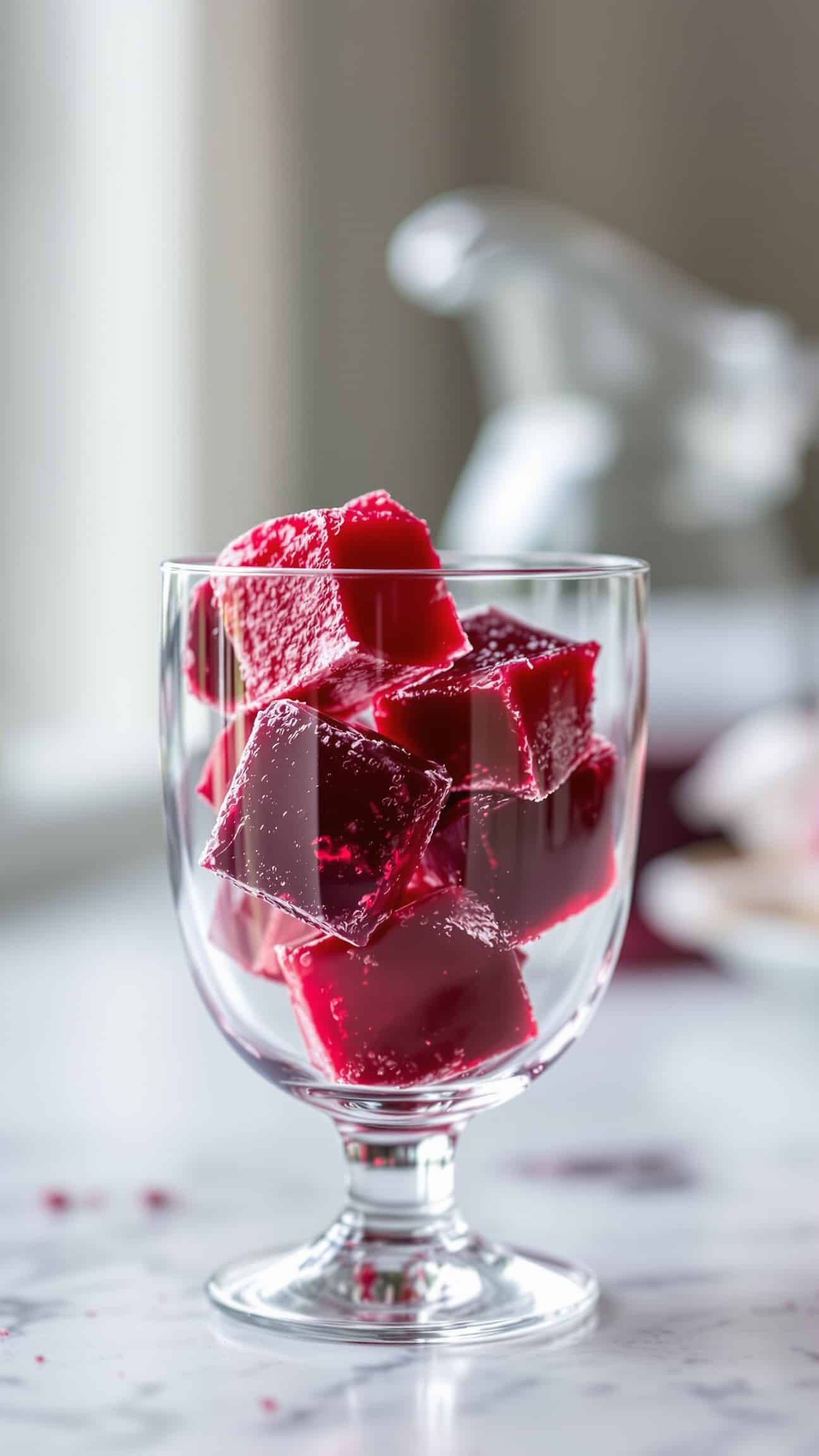 Close-up of jiggly, deep red gelatin cubes from the cranberry juice trick.