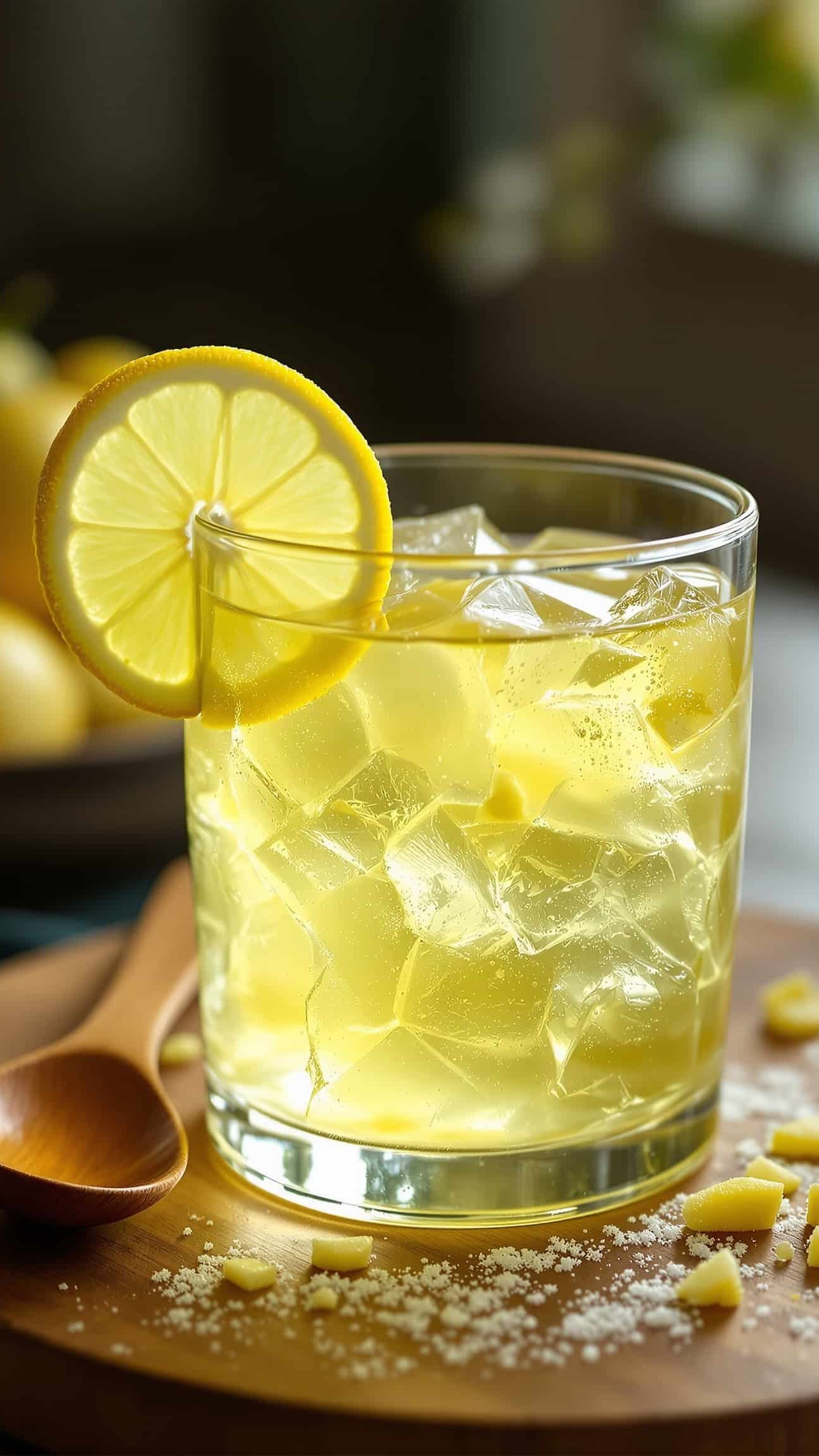 Close-up of jaune-vert gelatin trick with ginger lemon.