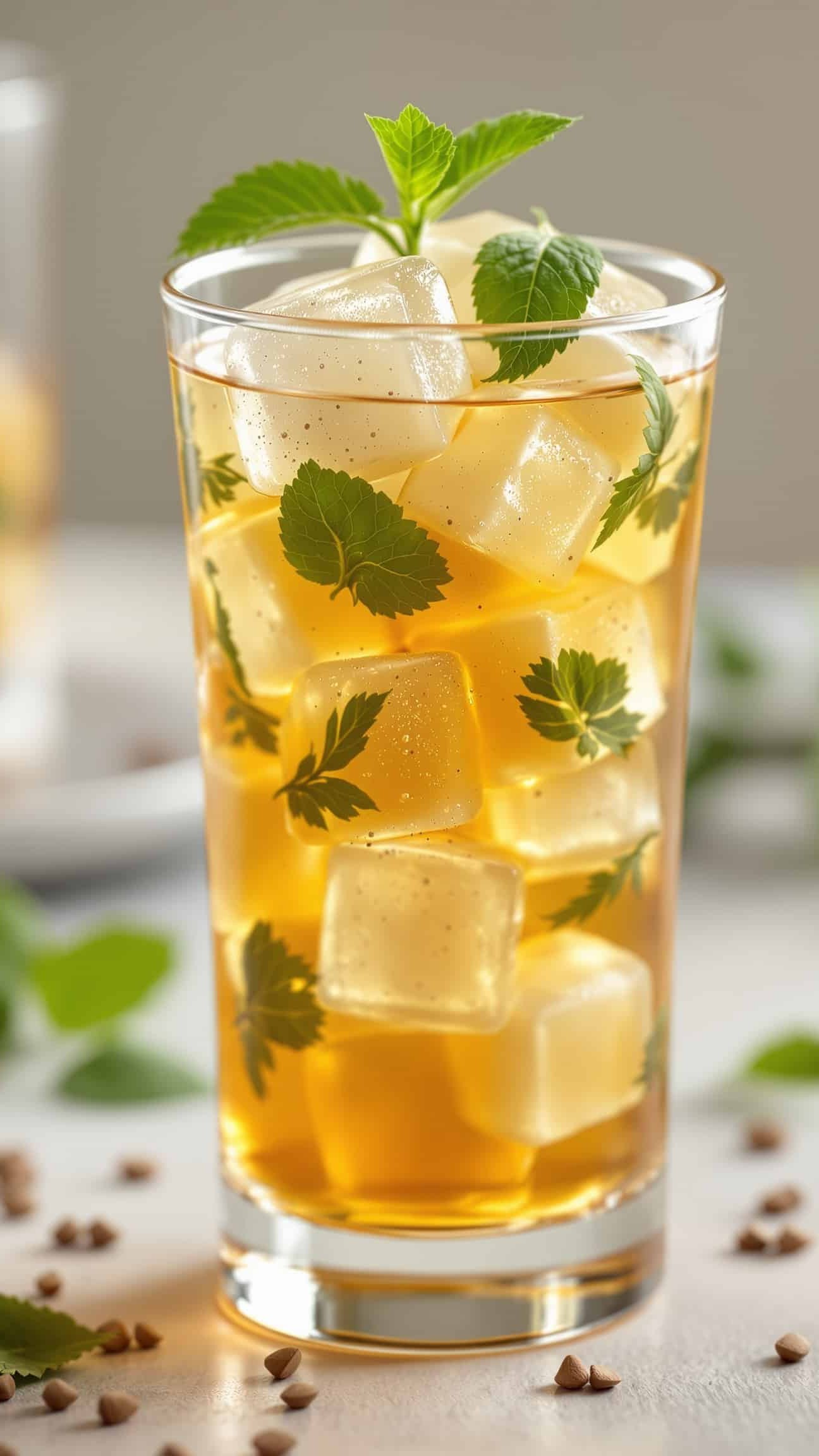 Close-up of jiggly vert-ambre herbal tea bag gelatin cubes for the gelatin trick.