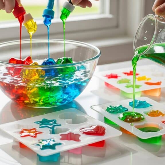 Overview Gelatin Trick Ingredients Serving Tips Colorful liquid gelatin poured into silicone molds to form decorative jelly shapes.