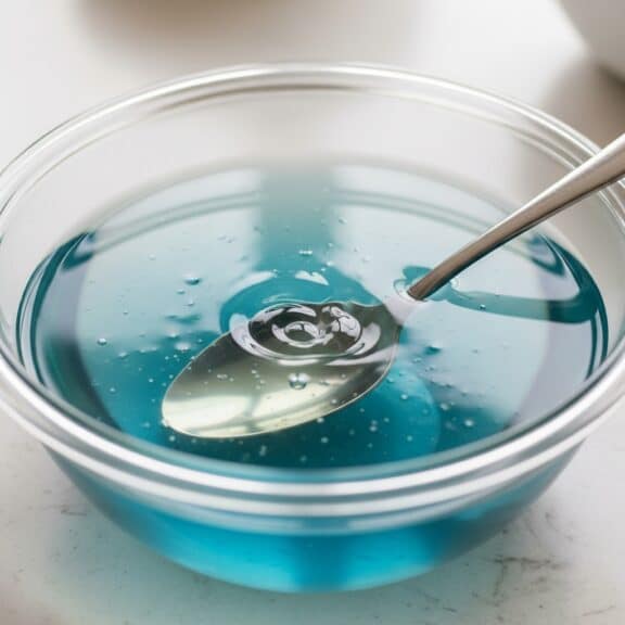 Clear gelatin mixture in a glass bowl with spoon during preparation stage.