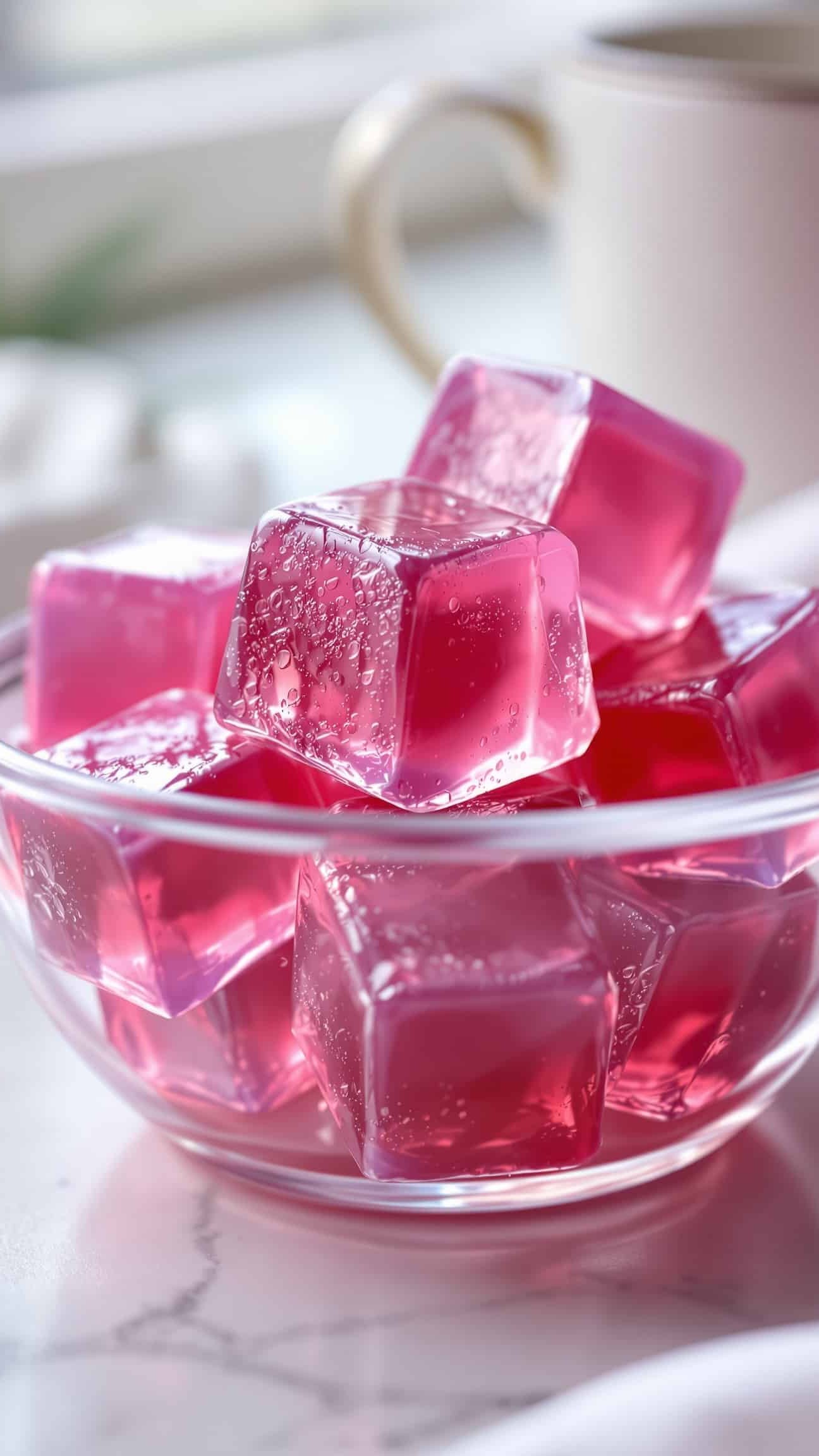 Close-up of violet-rose gelatin cubes for menopause recipe.