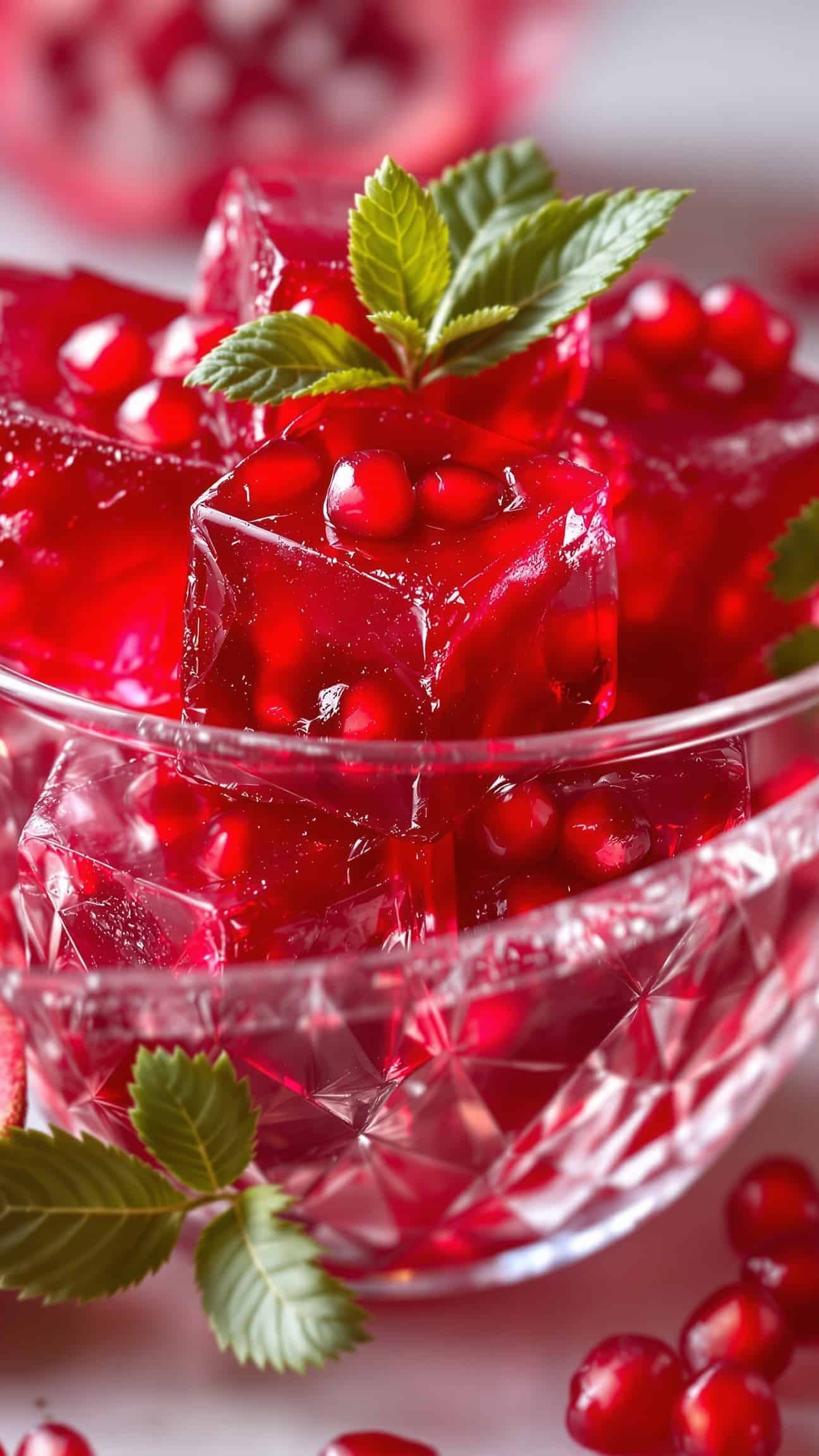 Close-up of deep red pomegranate glass gelatin cubes