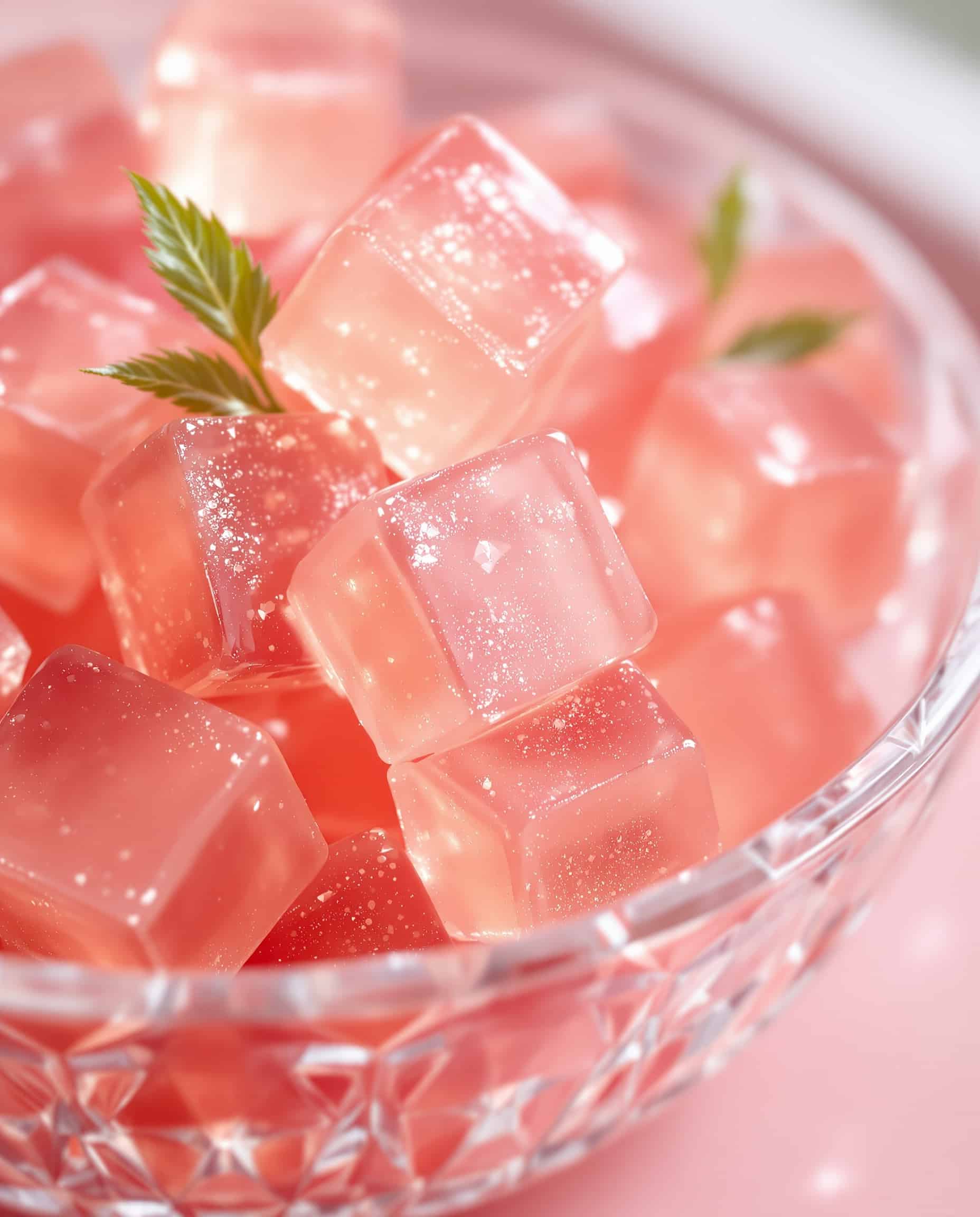 Close-up of rose-transparent stevia drops gelatin cubes.