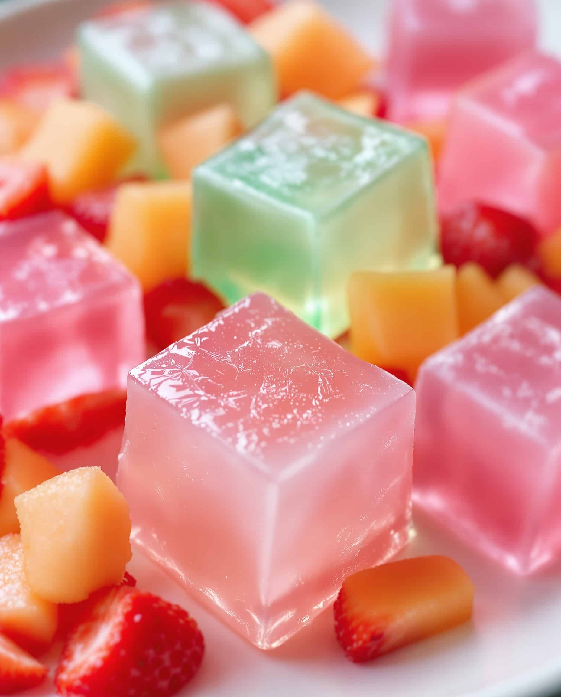 Close-up of jiggly, colorful fruit gelatin cubes for weight loss.