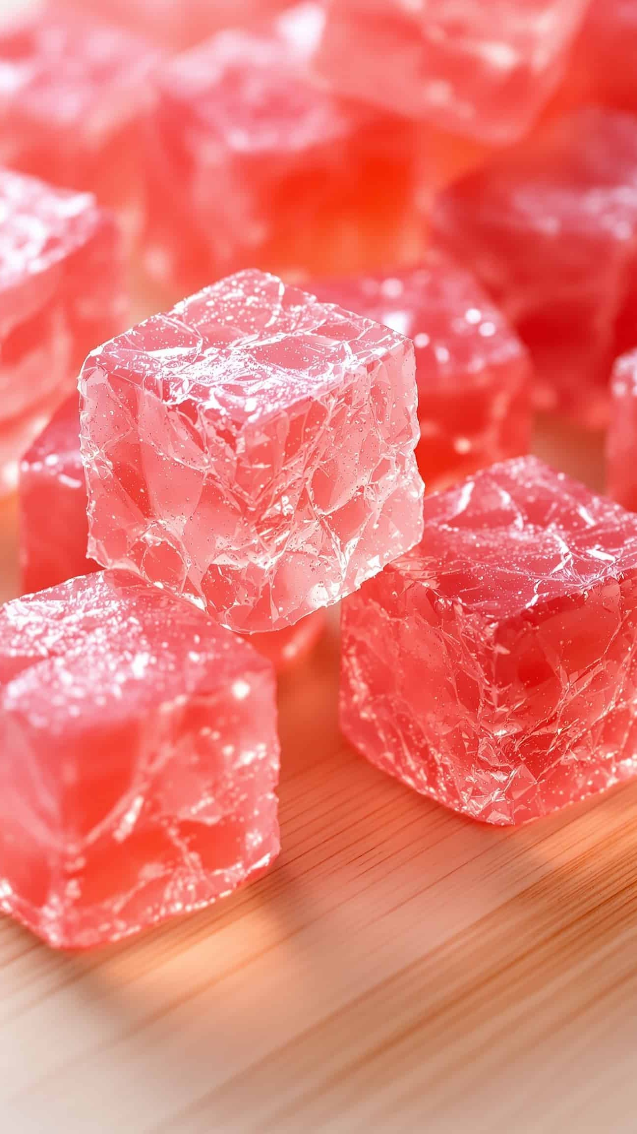 Close-up of vibrant rose-transparent jiggly cubes from the gelatin trick TikTok recipe.