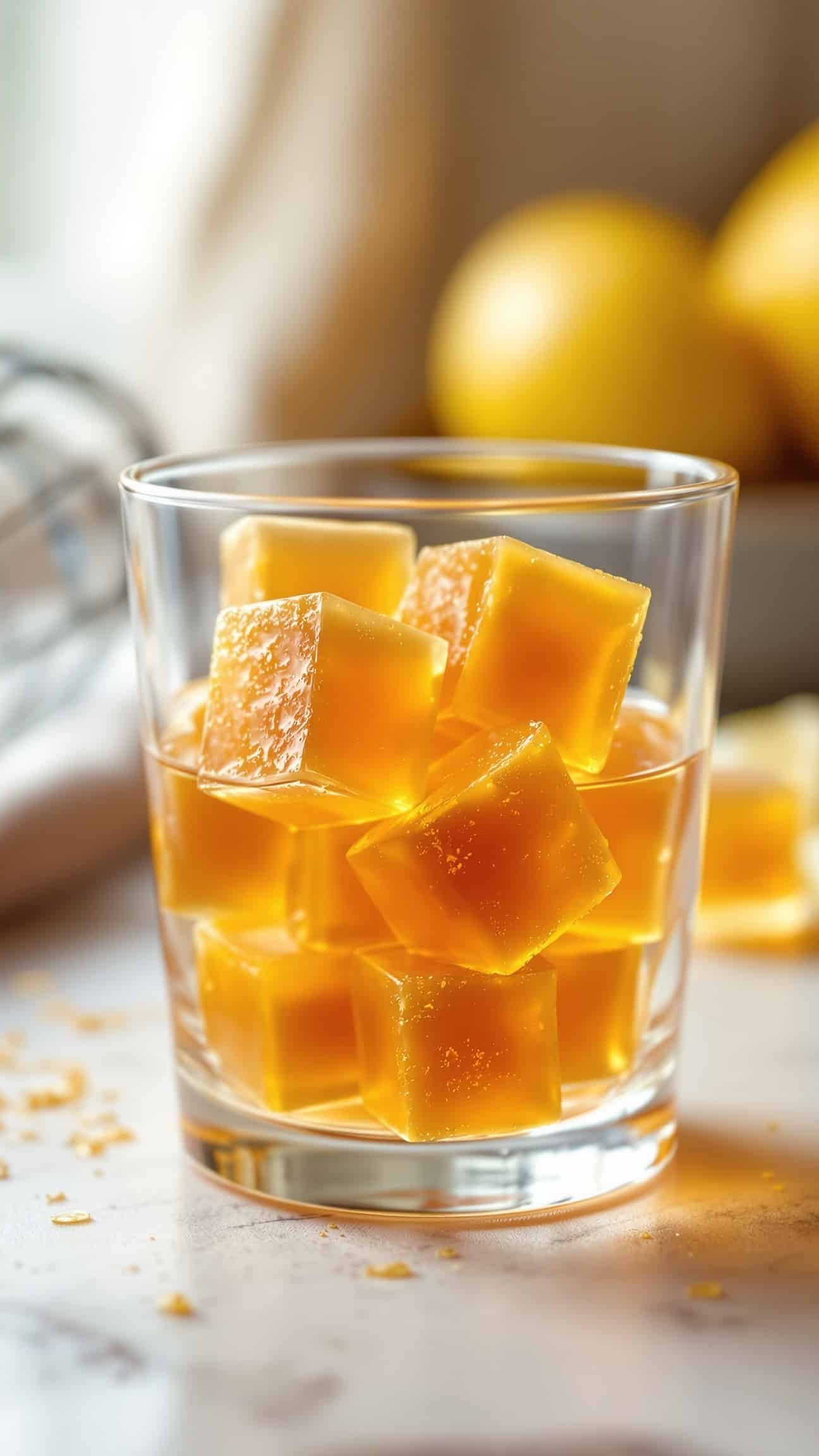 Close-up of jiggly ambre-doré gelatin trick with apple cider vinegar cubes.
