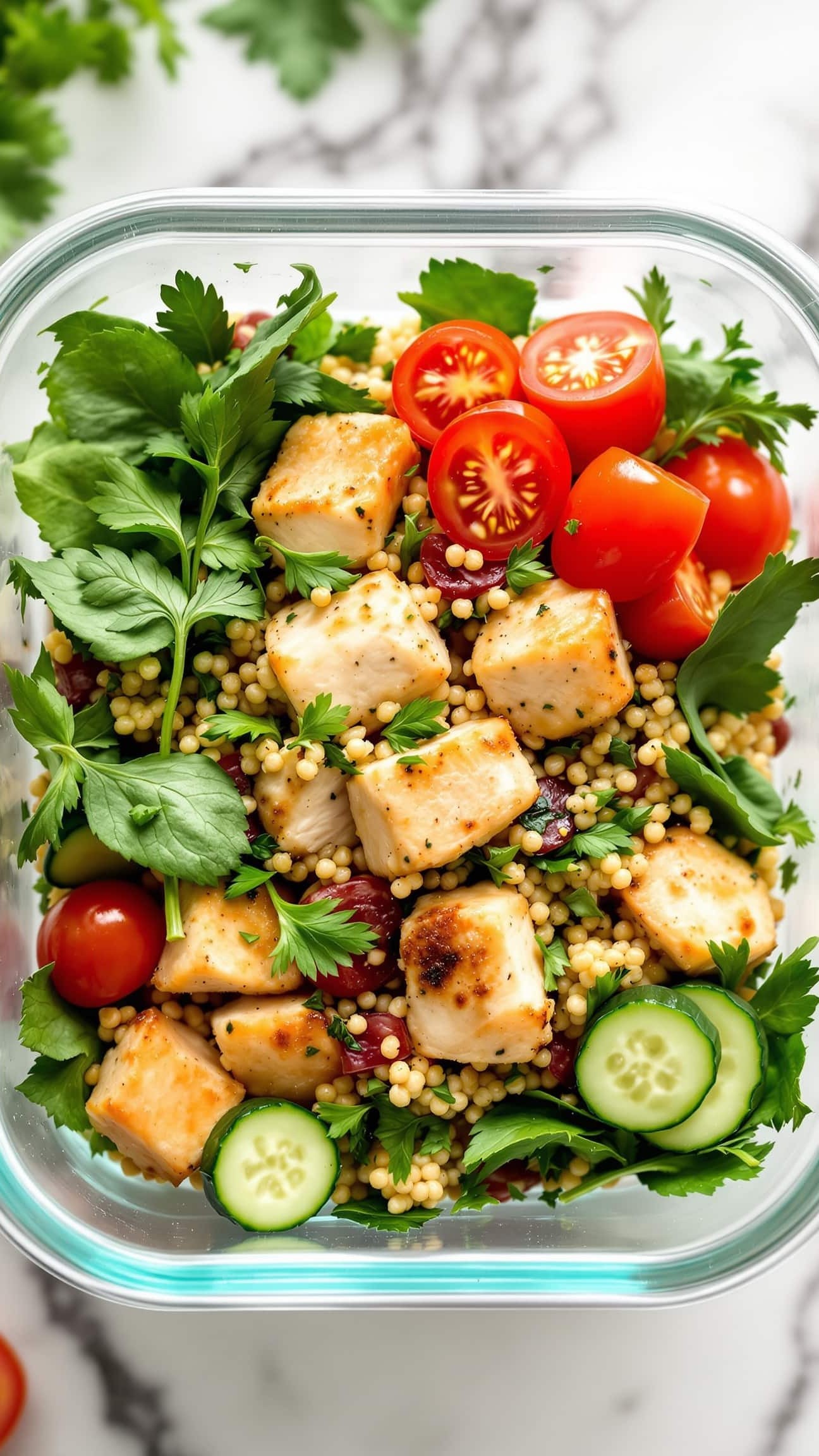 Close-up of GLP1 meal prep high protein chicken in a glass container.