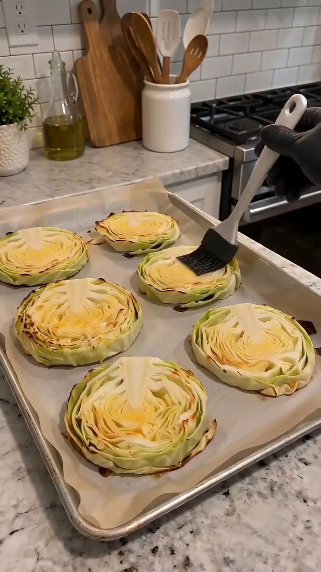 Golden Cheesy Baked Cabbage Steaks with Turkey Bacon – roasting cabbage steaks in the oven