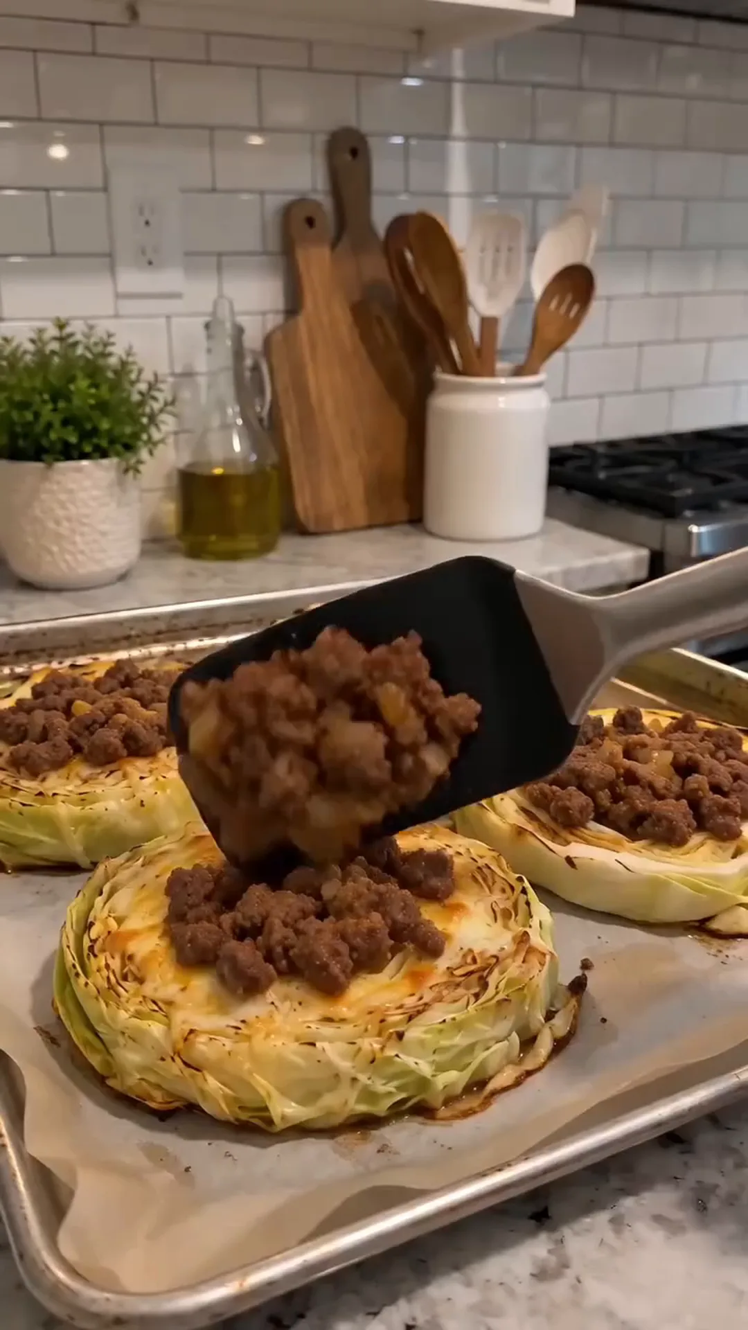 Golden Cheesy Baked Cabbage Steaks with Turkey Bacon – Adding ground beef to roasted cabbage steaks
