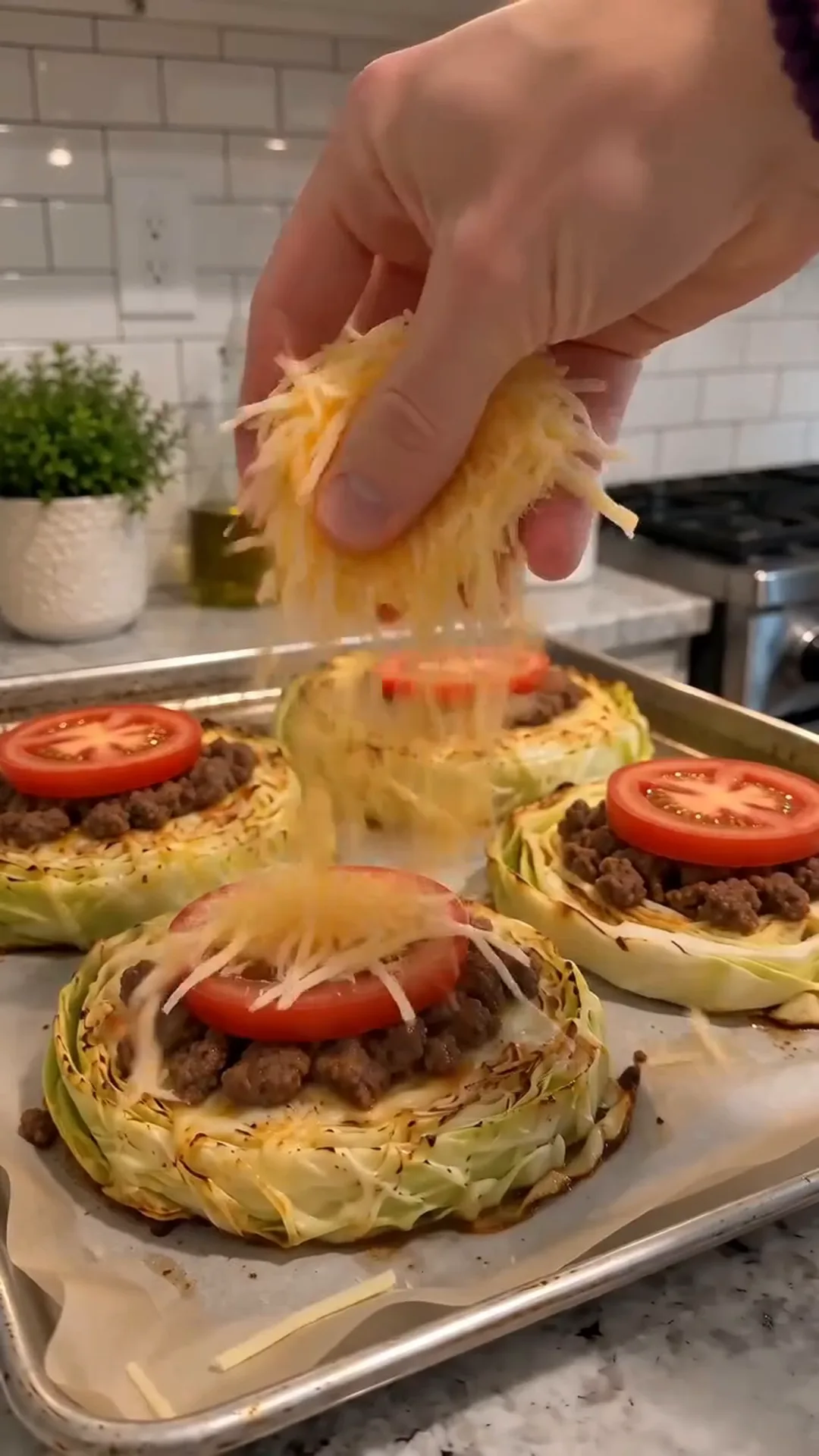 Golden Cheesy Baked Cabbage Steaks with Turkey Bacon – Grating cheese on top of cooked cabbage steaks