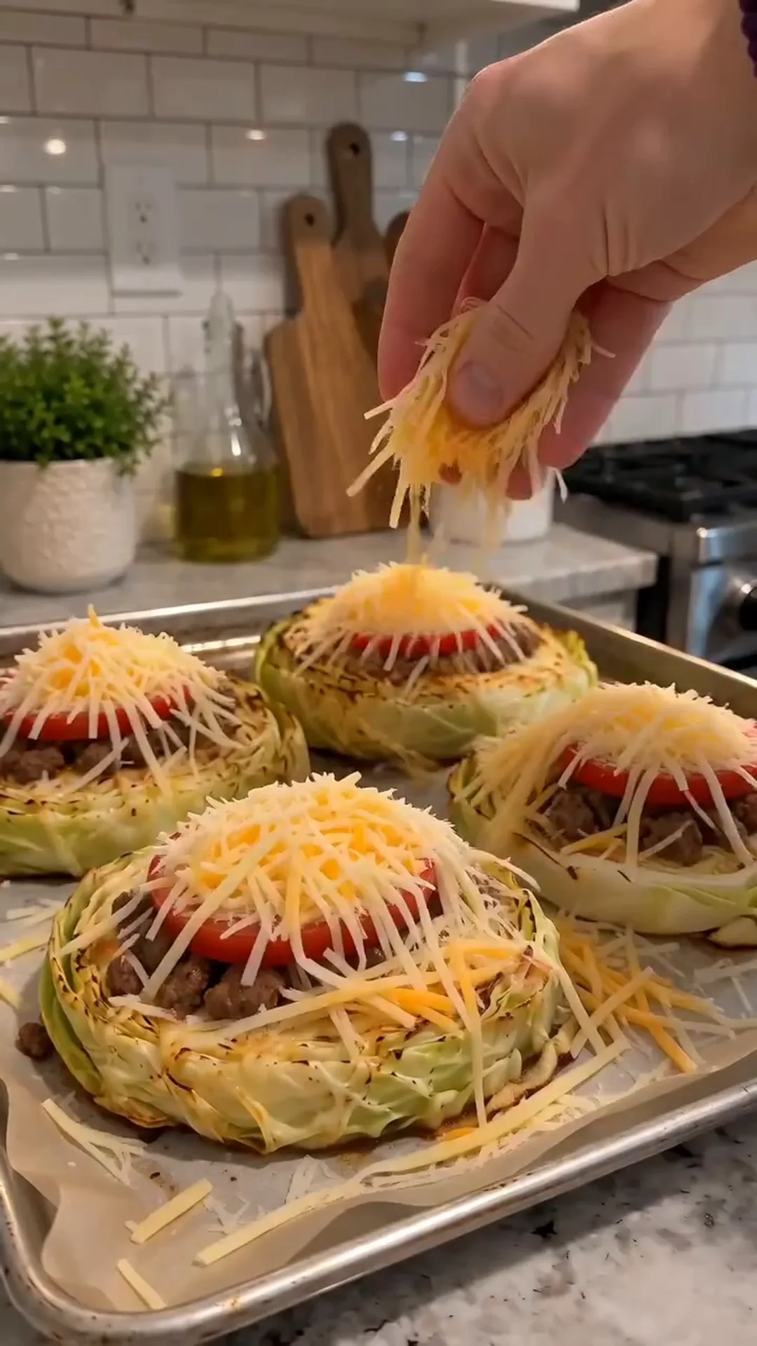 Golden Cheesy Baked Cabbage Steaks with Turkey Bacon – adding cheese to cabbage and tomato stacks