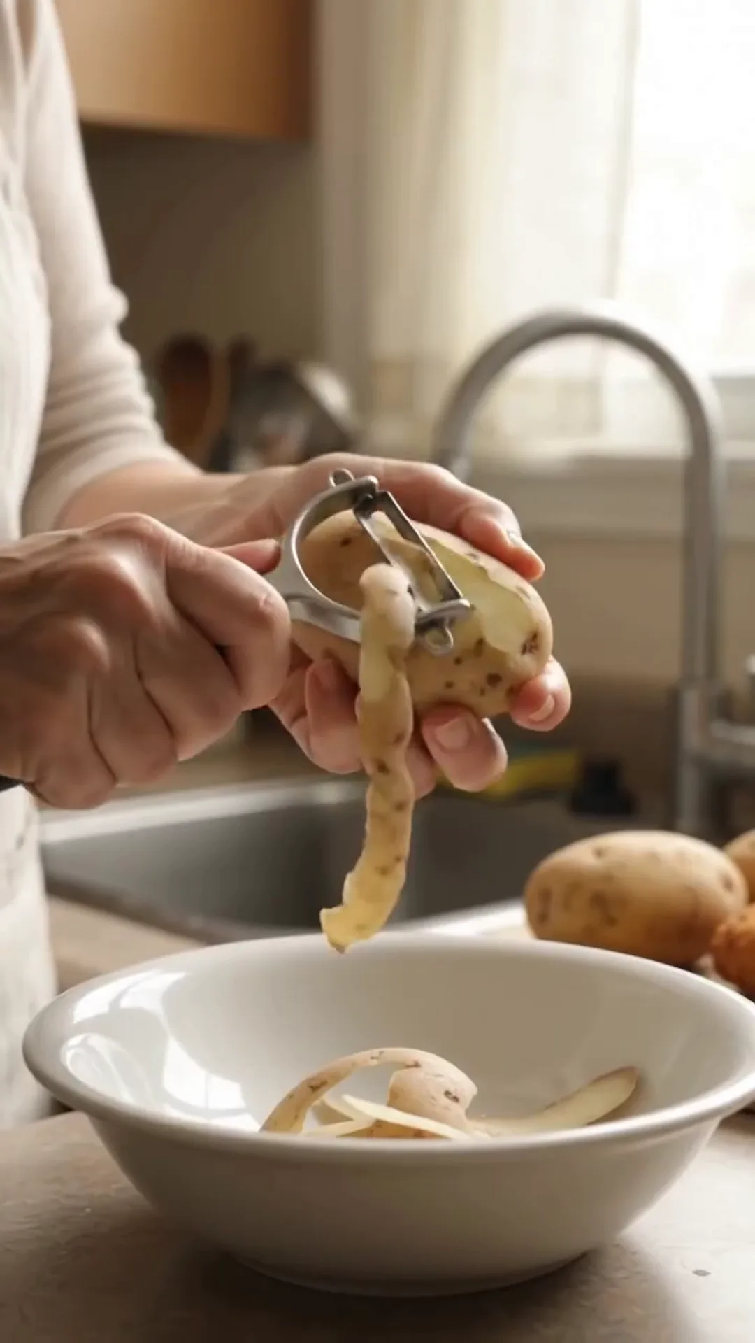 Golden Crispy Cheesy Potato Croquettes Recipe – peeling potatoes with a peeler