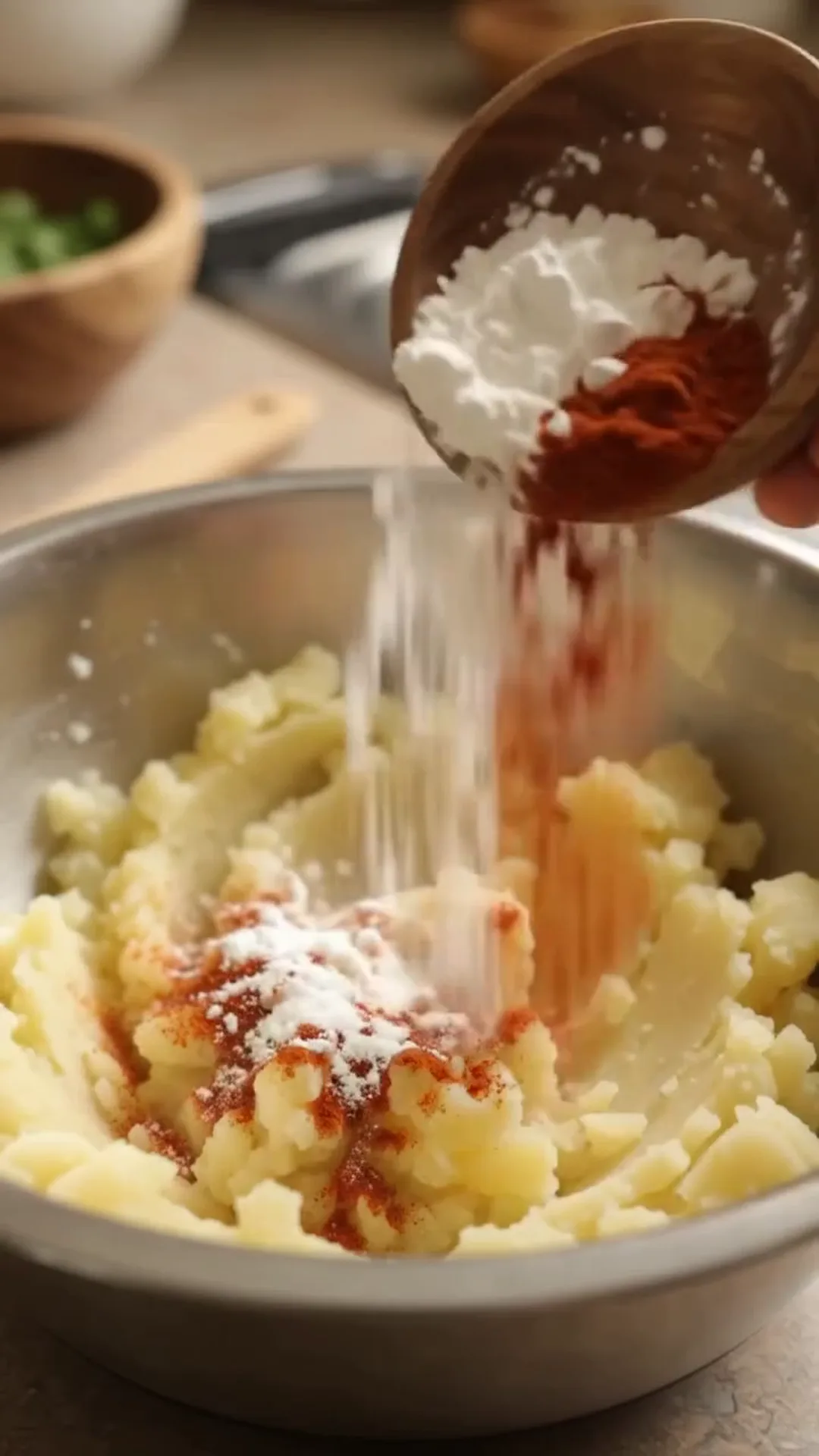 Golden Crispy Cheesy Potato Croquettes Recipe – Pouring a mixture of flour and spices into mashed potatoes