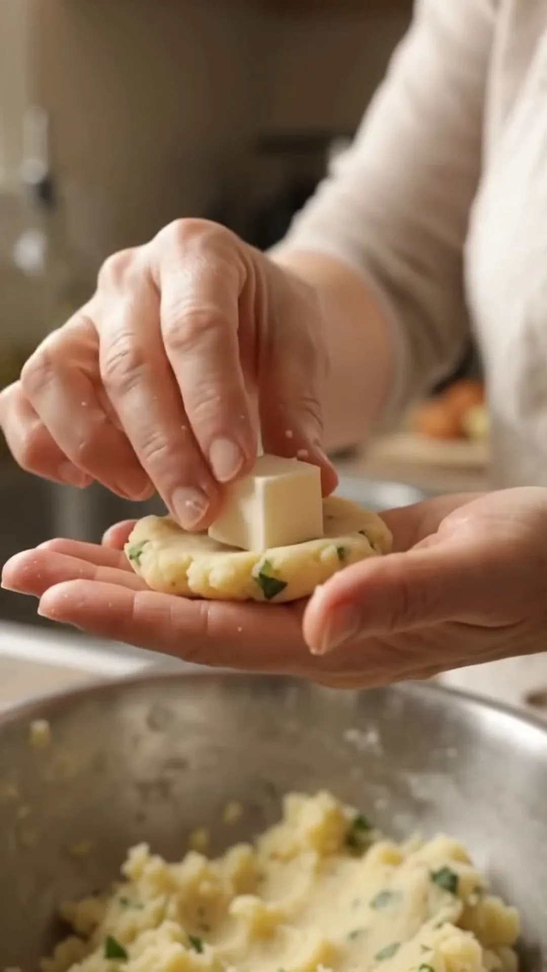 Golden Crispy Cheesy Potato Croquettes Recipe – A person is adding butter to a ball of dough