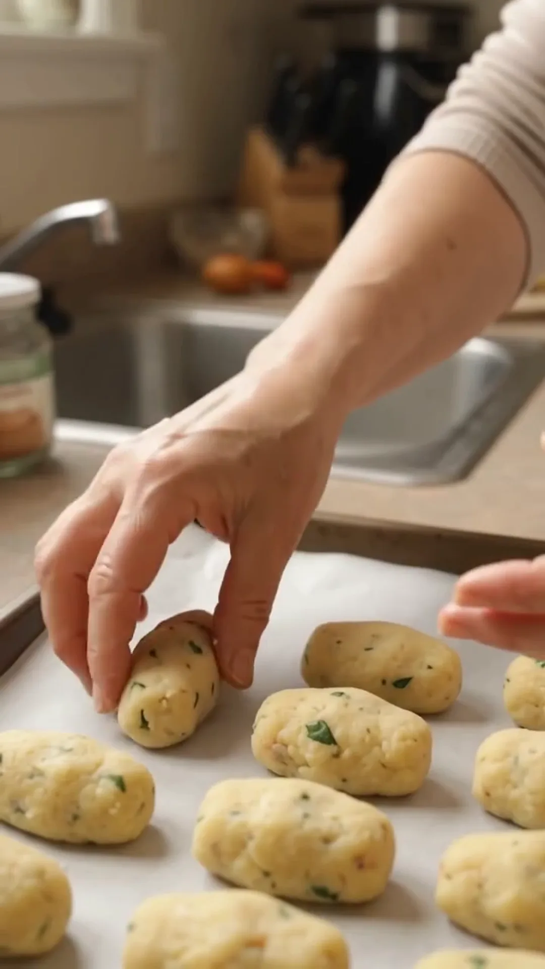 Golden Crispy Cheesy Potato Croquettes Recipe – A person is placing small balls of dough on a baking tray