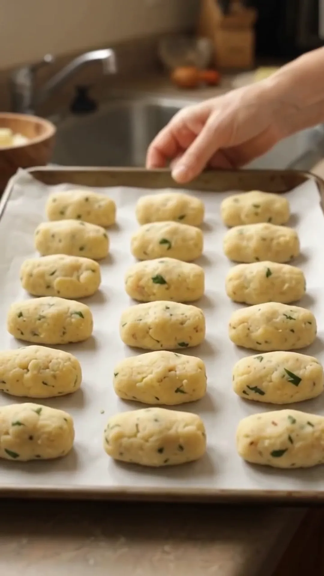 Golden Crispy Cheesy Potato Croquettes Recipe – placing food on baking sheet