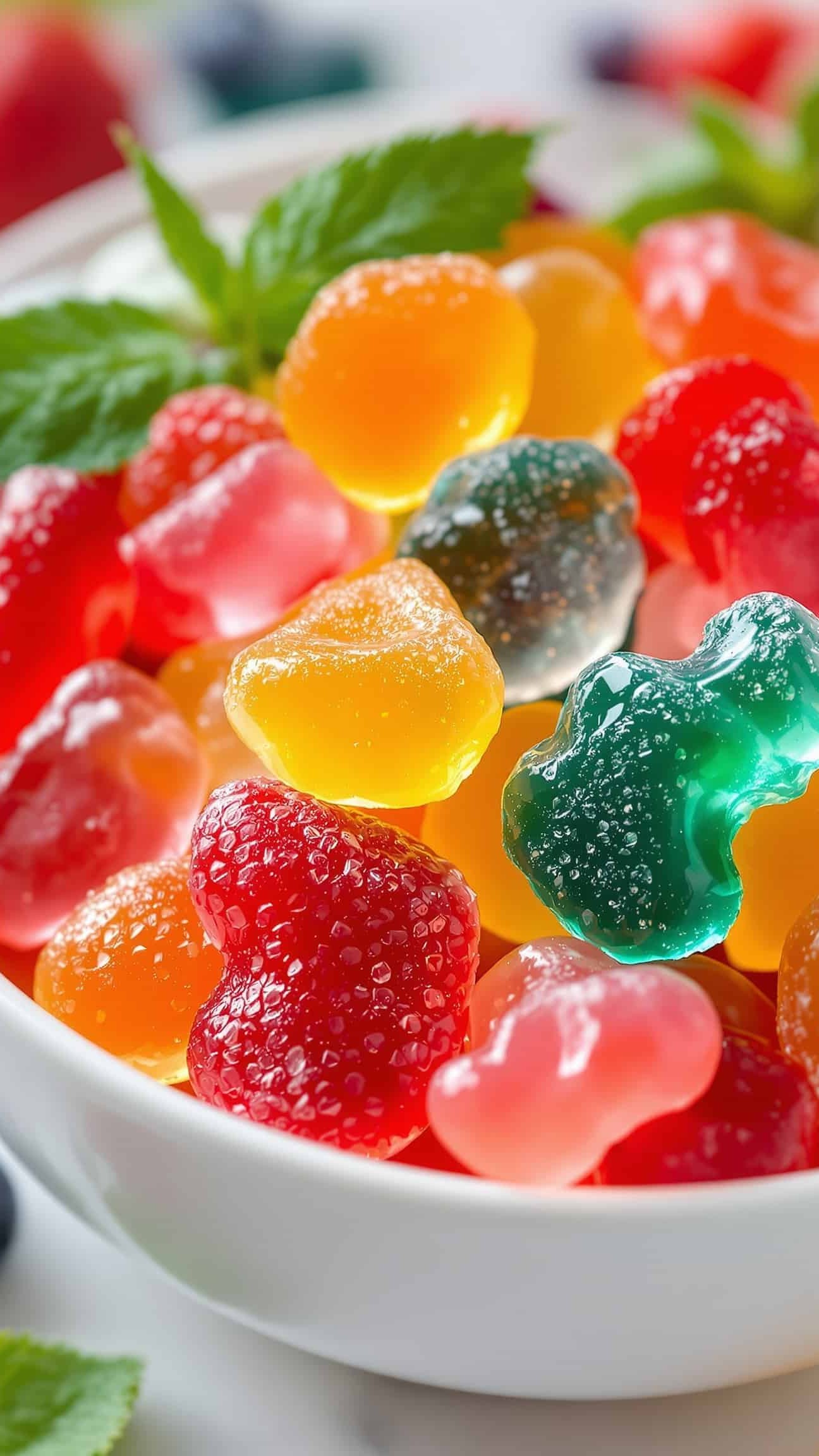 Close-up of vibrant multicolore fruit-shaped gut healing gelatin gummies.