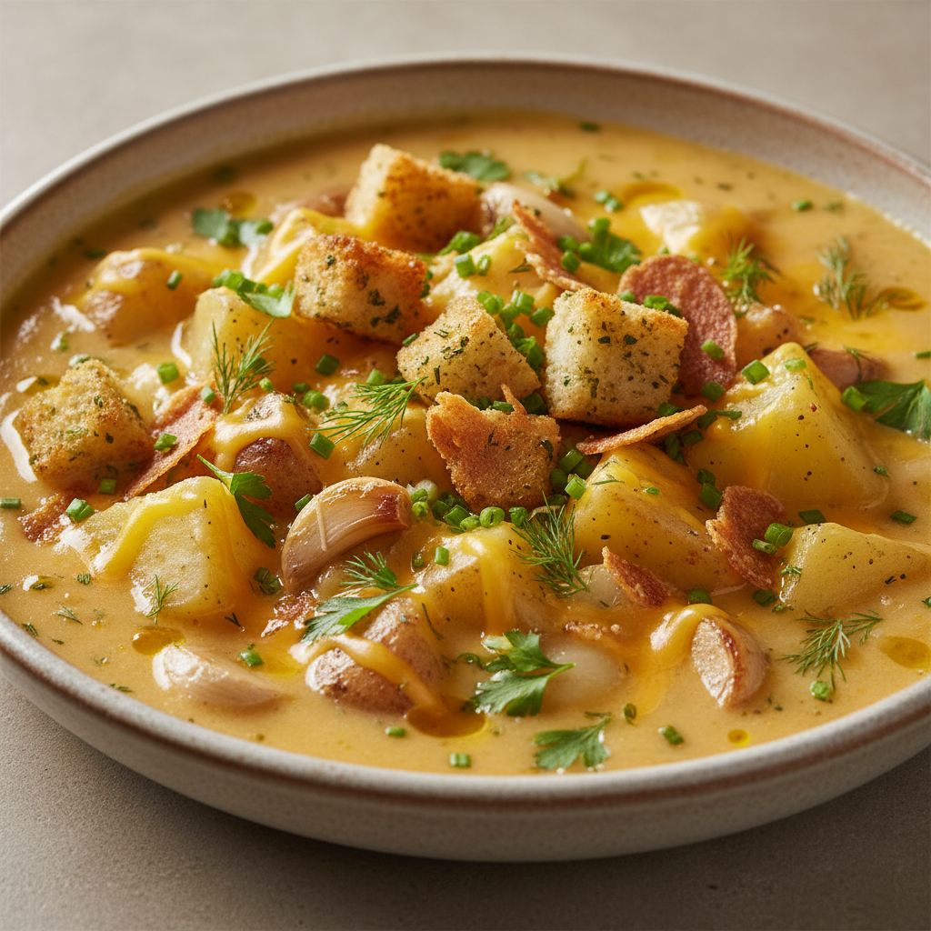 Hearty Cheddar Garlic Herb Potato Soup Recipe Hearty Cheddar Garlic Herb Potato Soup Recipe