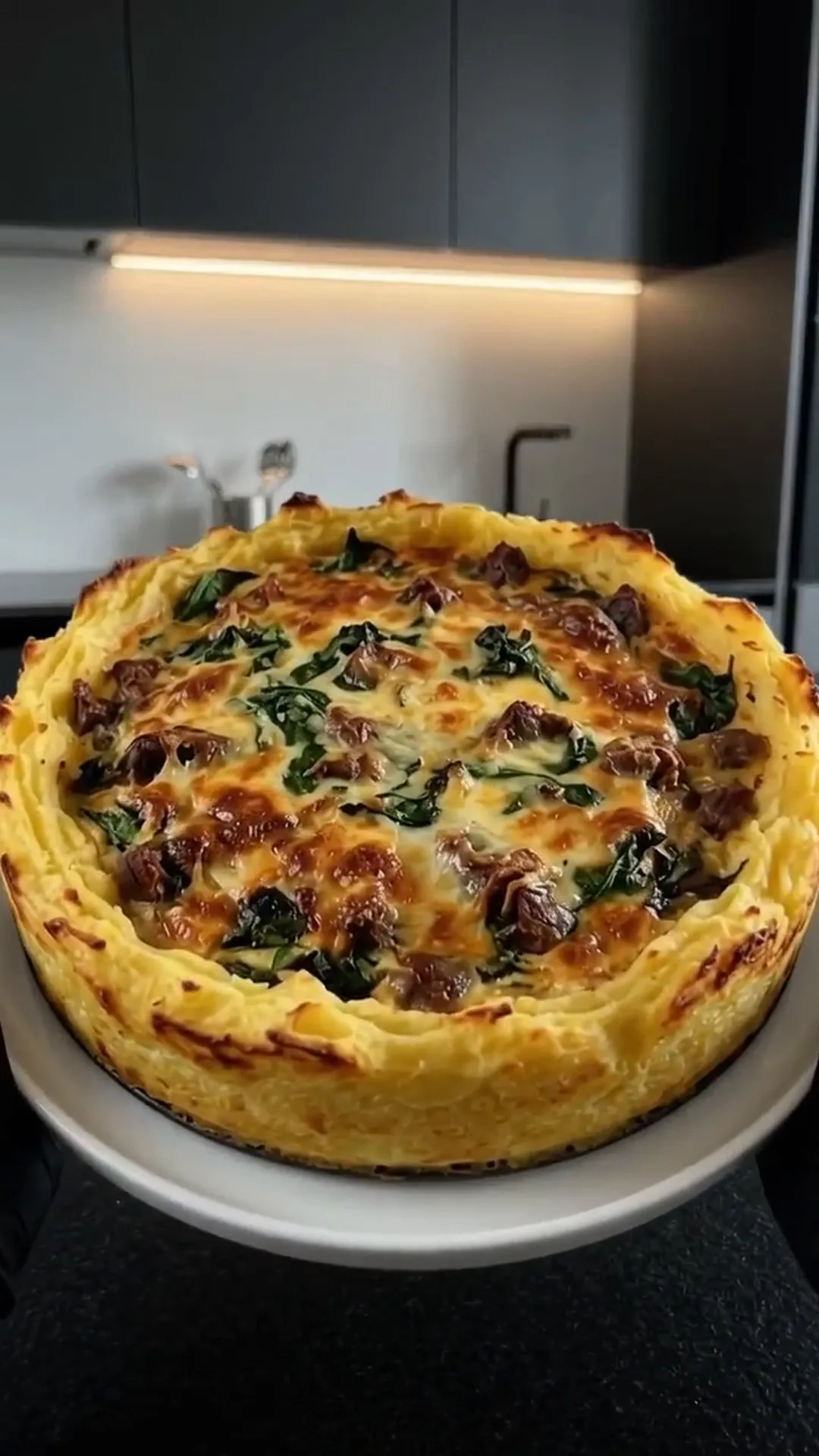 Hearty Cheesy Beef and Potato Crust Pie – a round savory tart is being presented